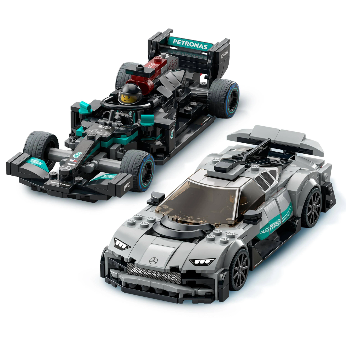 Due auto da corsa Lego Technic: una Formula 1 nera e un'auto sportiva argentata.