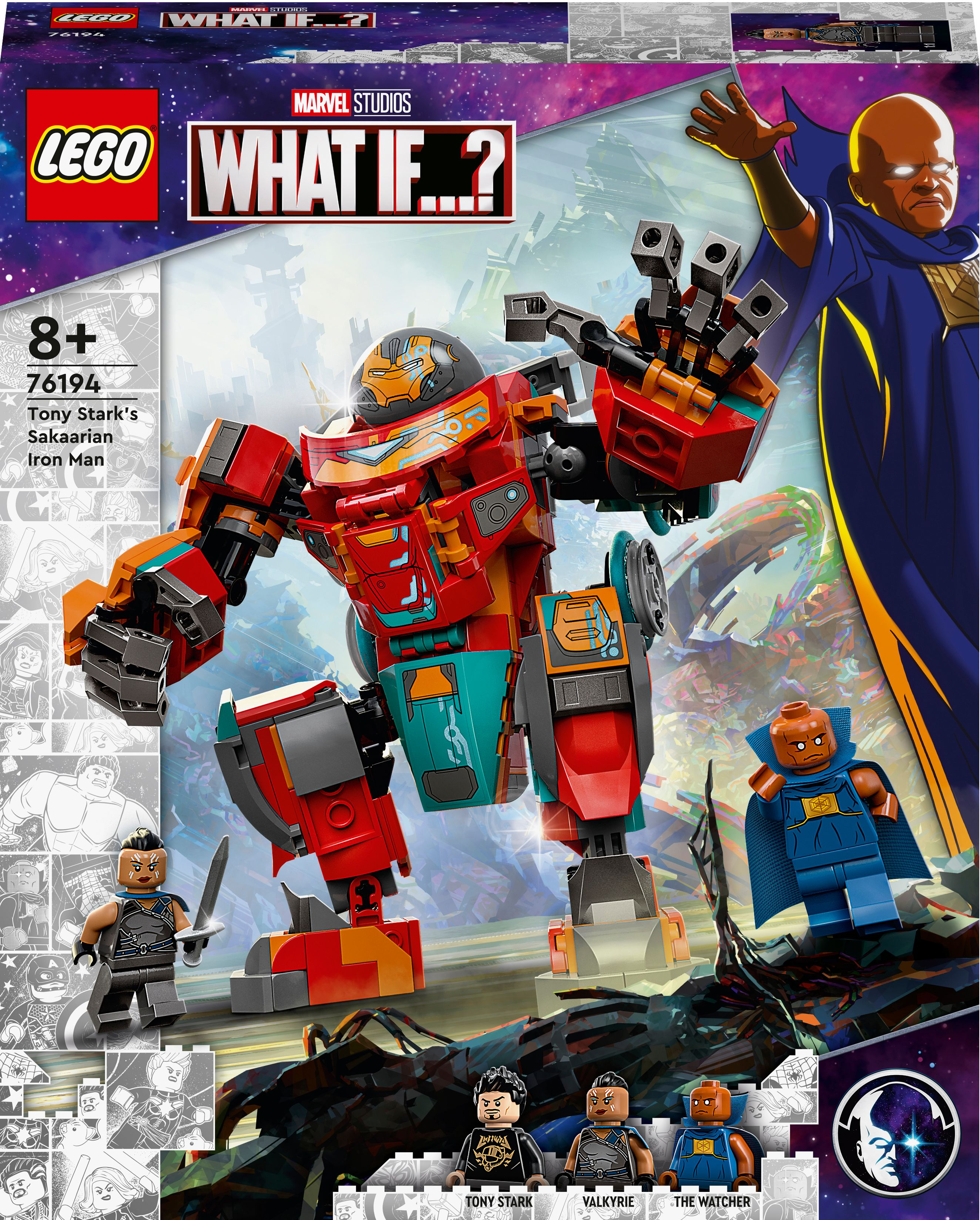 Lego Was wäre wenn...? Iron Man Set: Ein roter und oranger Mech mit Figuren von The Watcher, Tony Stark.