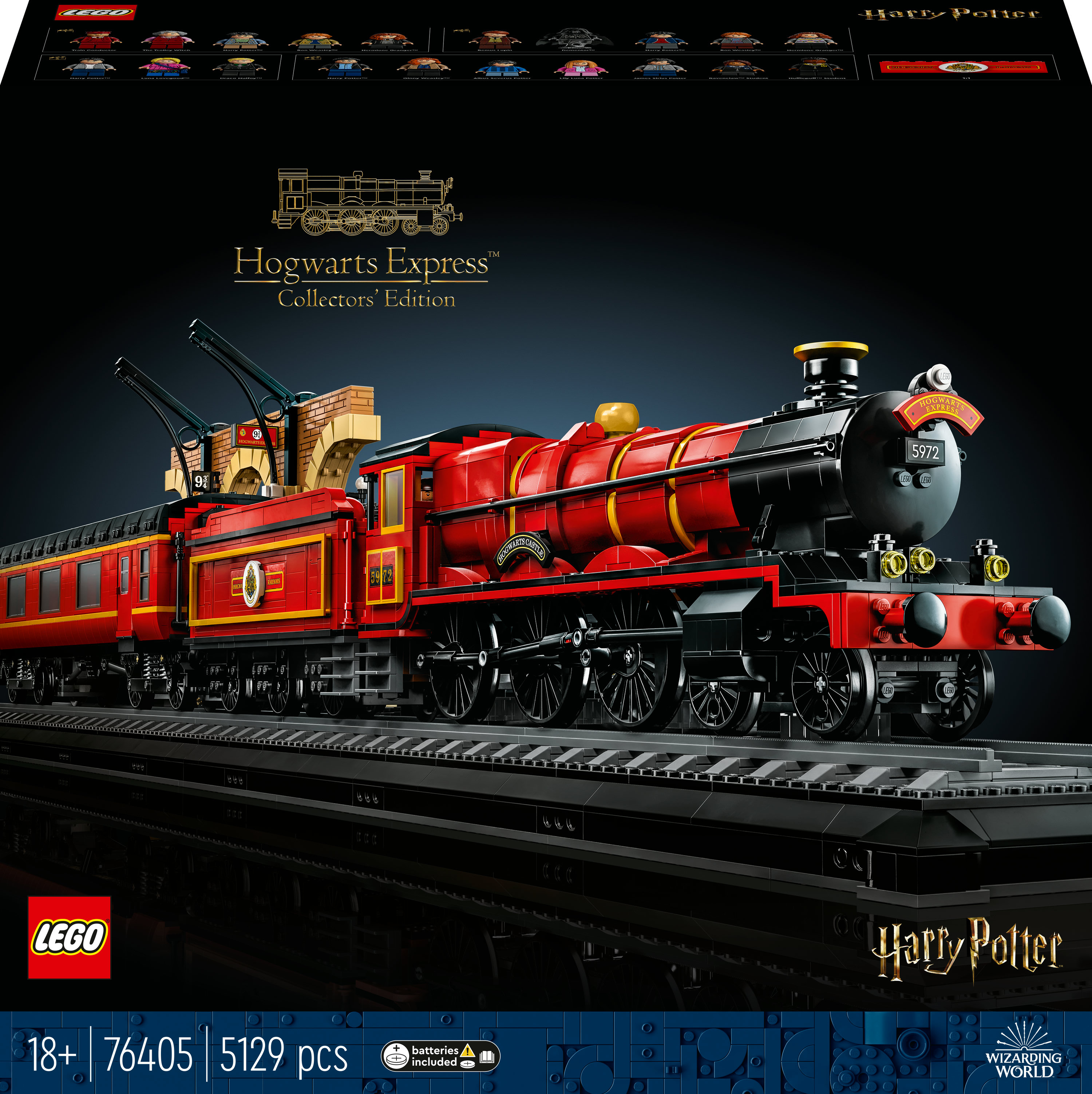 Zestaw Lego Hogwarts Express. Czerwony pociąg z czarnymi detalami na czarnym torze, czarne tło.