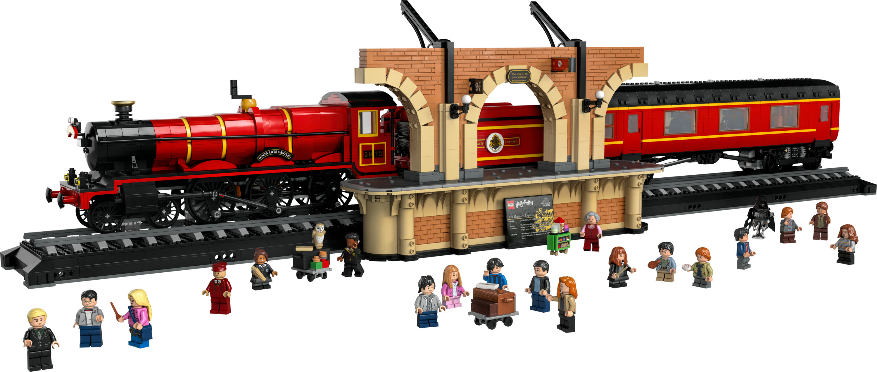 Zestaw Lego Harry Potter Hogwarts Express ze stacją kolejową, pociągiem i licznymi figurkami.