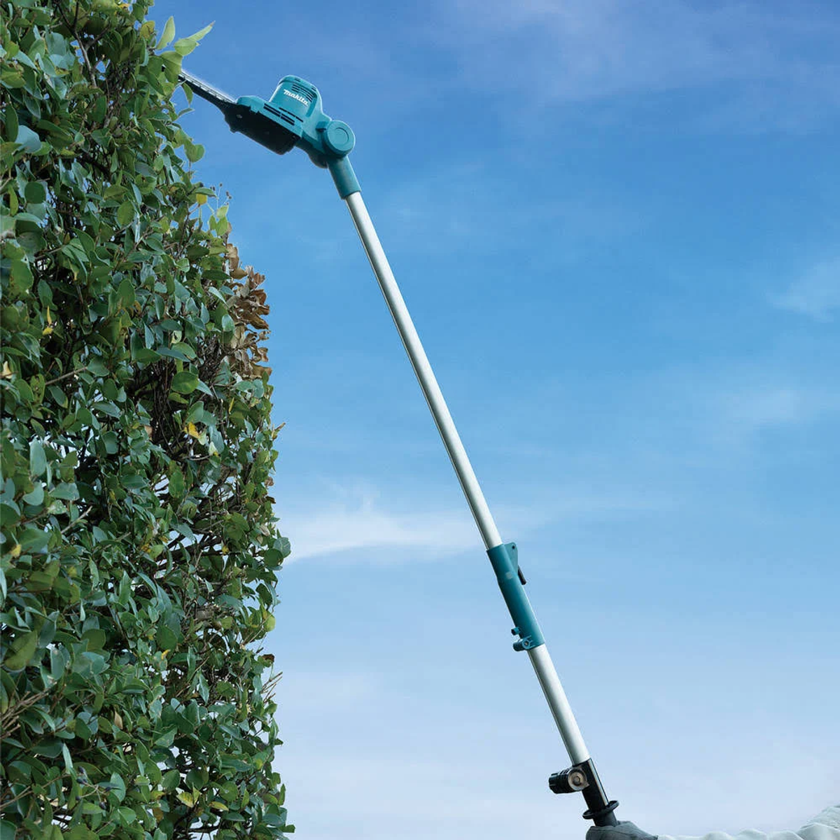 Cortasetos eléctrico Makita cortando un seto bajo un cielo azul.
