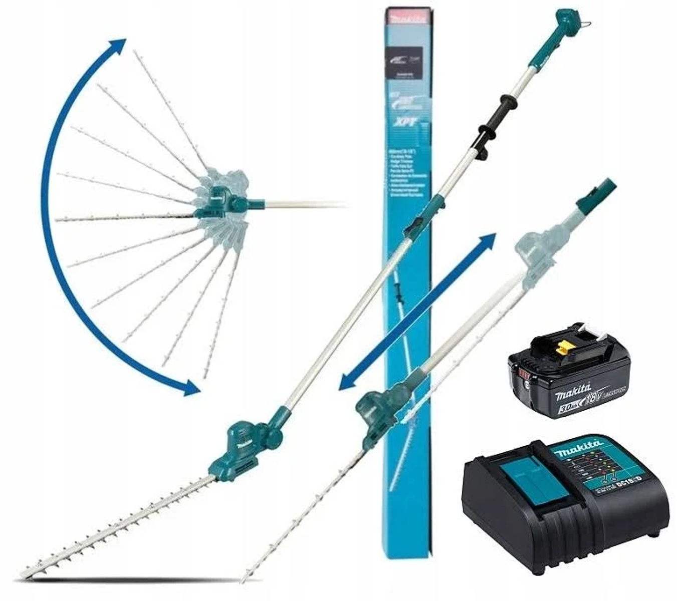 Una podadora de setos Makita con un poste largo, batería y cargador, lista para usar.