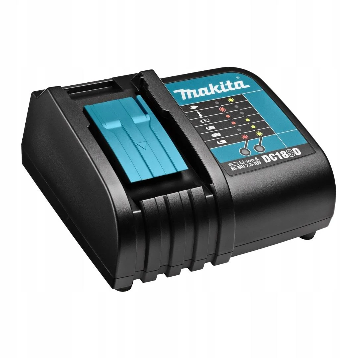 Cargador Makita DC18SD, negro con ranura de carga verde azulado y luces de estado.