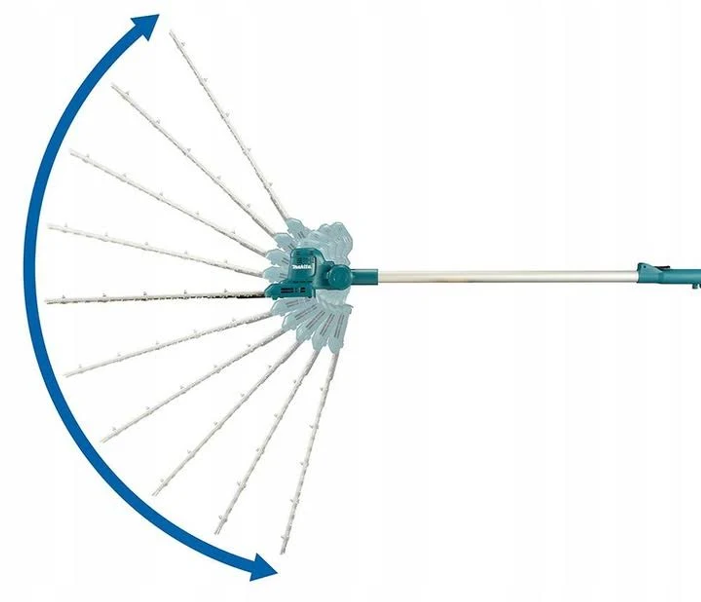 Herramienta eléctrica. Una herramienta eléctrica Makita para cosechar aceitunas. Flecha curva indica el rango.
