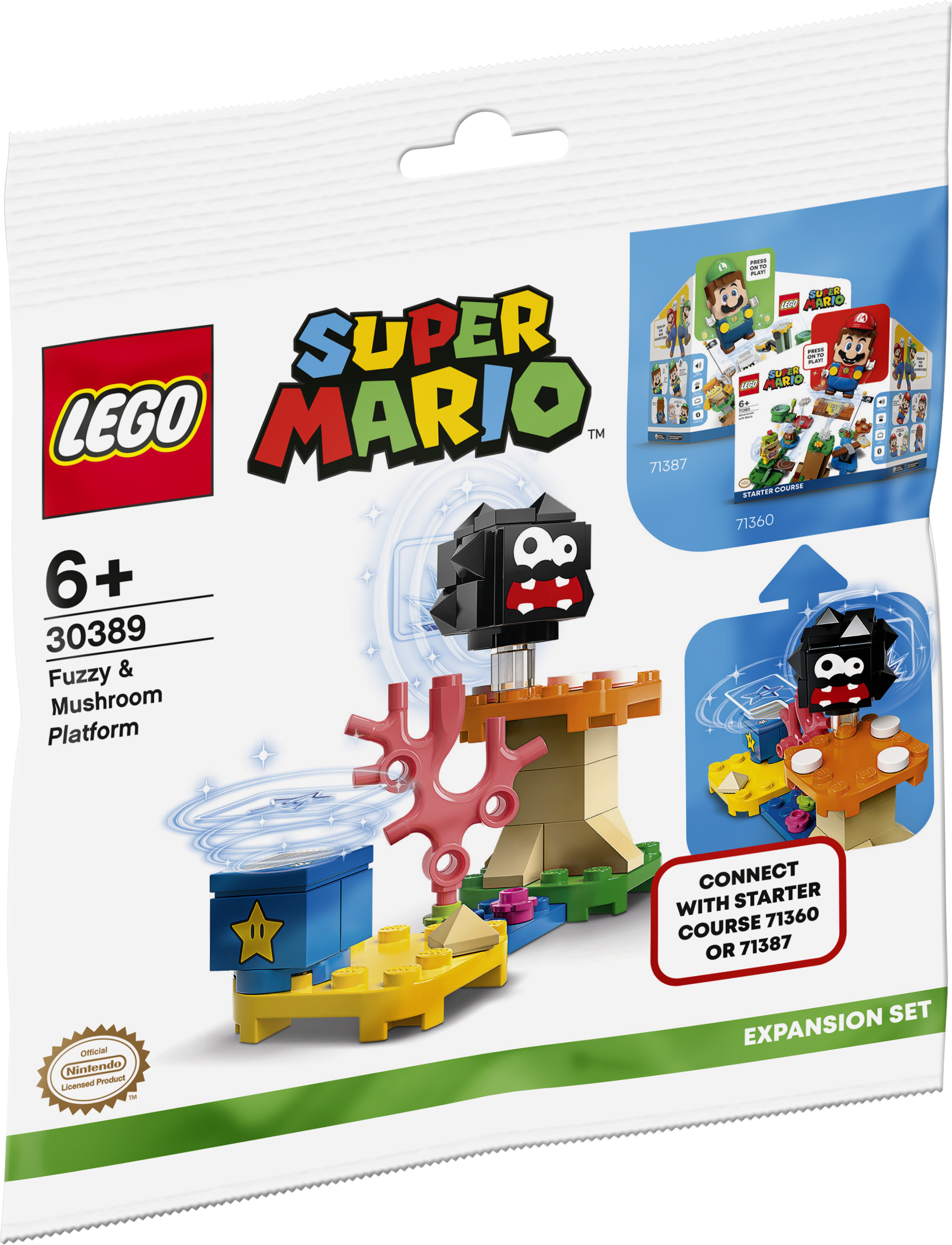 Lego Super Mario Erweiterungsset. Eine schwarze Feindfigur auf einer Plattform mit einem Stern.