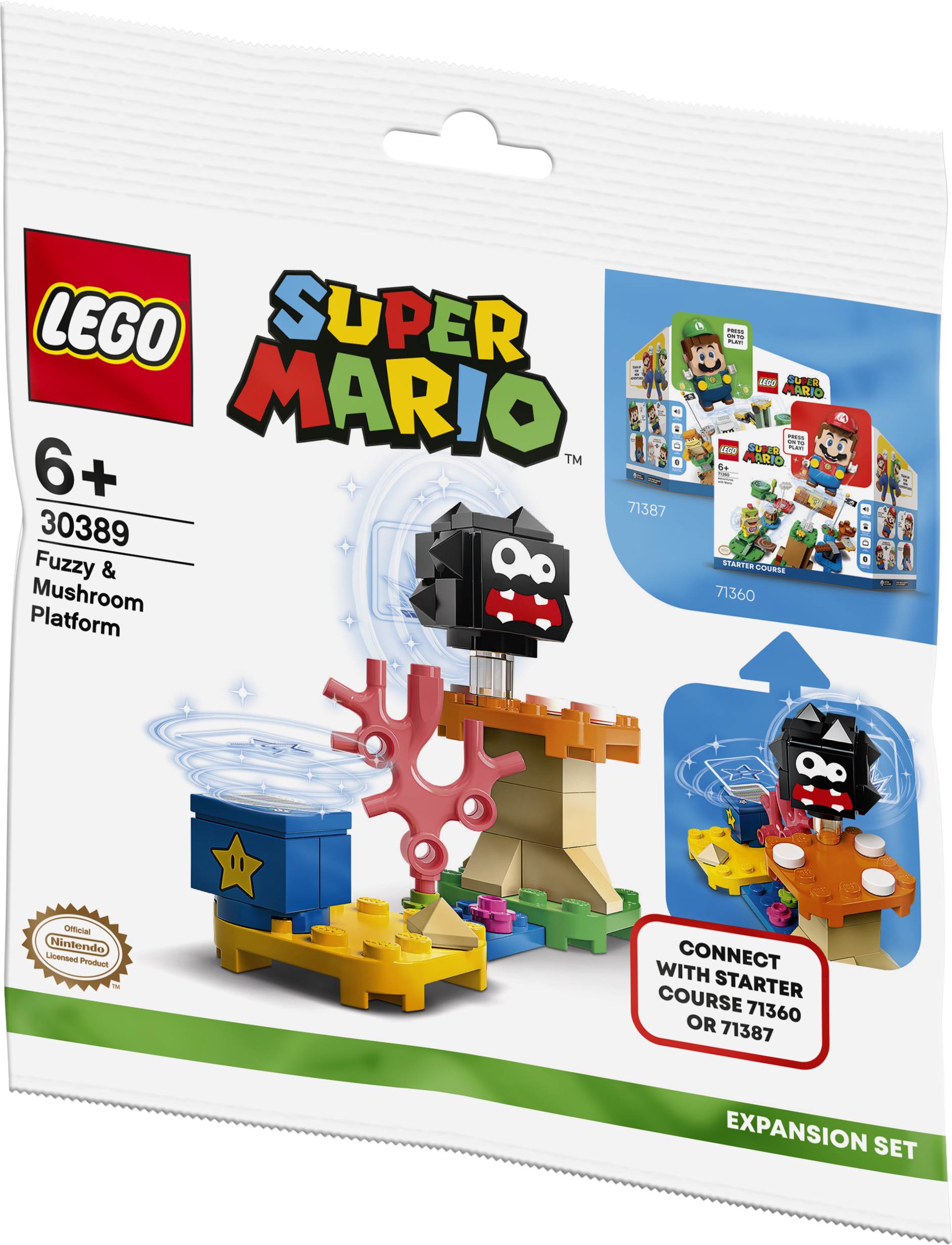 Ein Super Mario Lego-Set in einer Tüte mit einer Plattform, einer Figur und einem Verbindungsset, mit Logo.