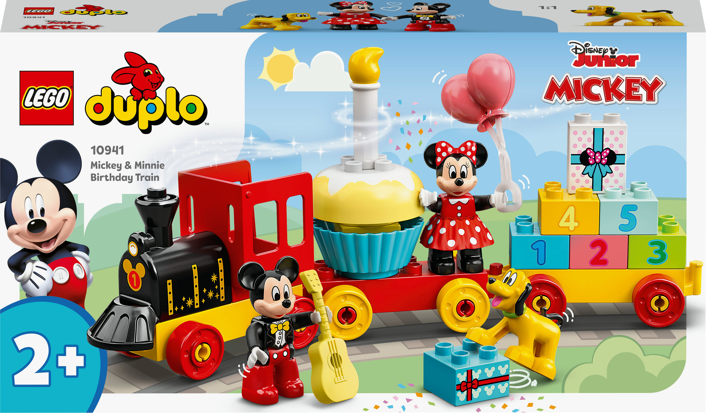 Lego Duplo Mickey & Minnie Pociąg Urodzinowy. Czerwony pociąg z tortem urodzinowym i figurkami Myszki Miki i Minnie.