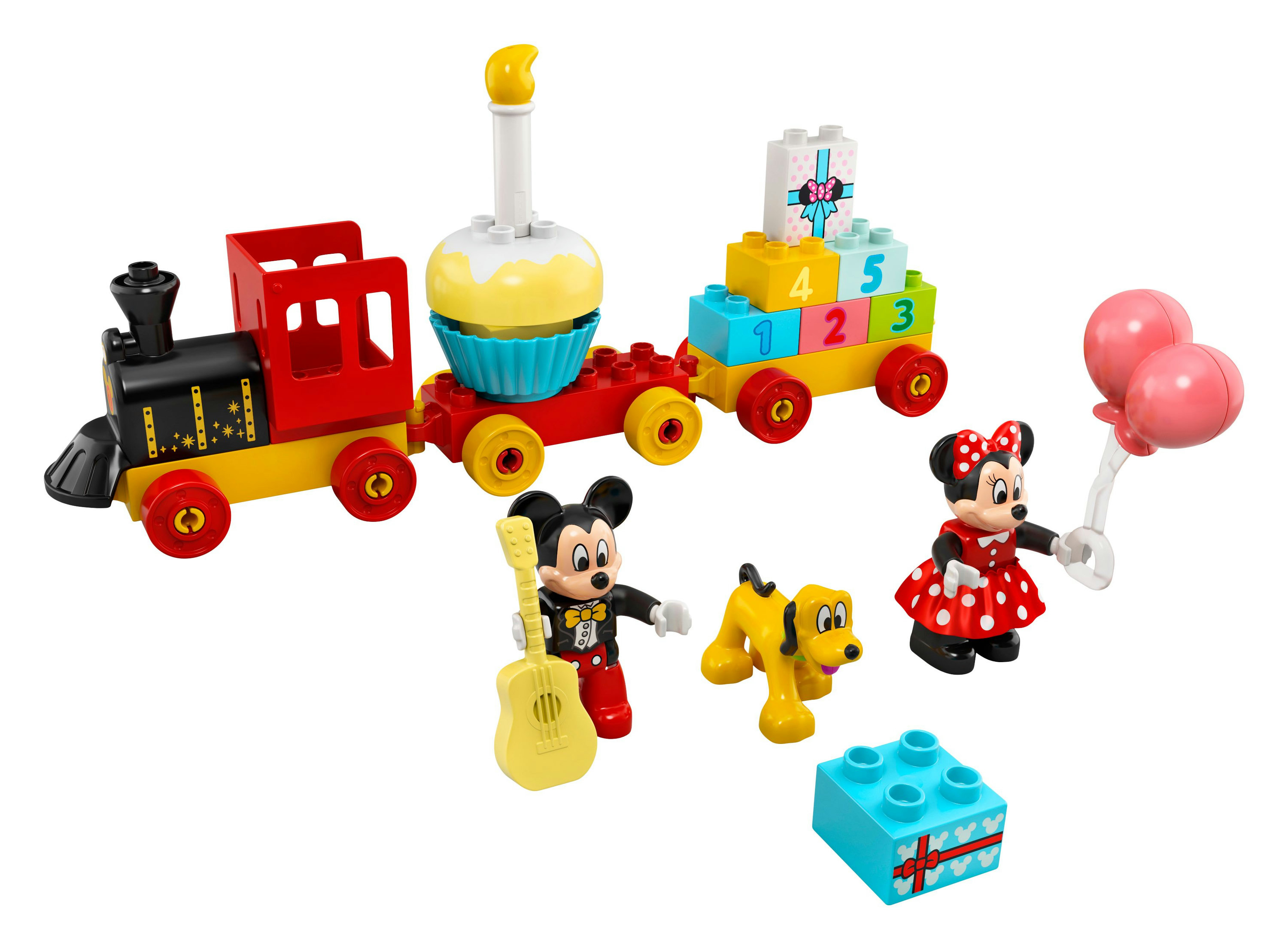 Zestaw pociągu Lego Duplo z Miki, Minnie, Pluto i wagonami. Widoczne różowe balony i ciasto.