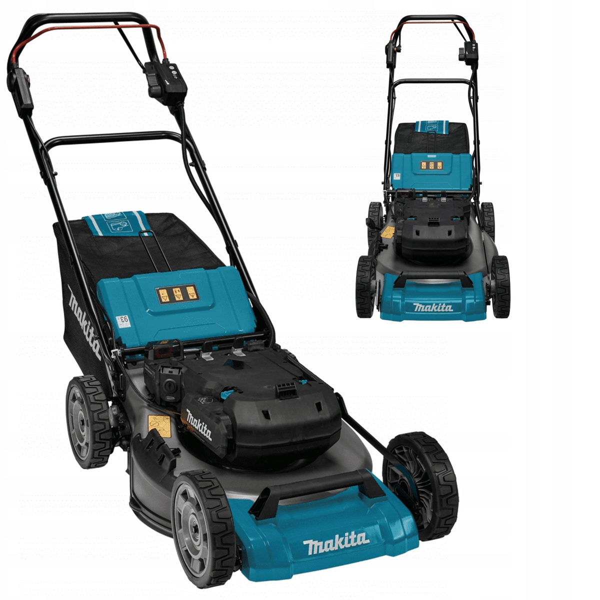 Dos vistas de un cortacésped Makita con una combinación de colores verde azulado y negro.