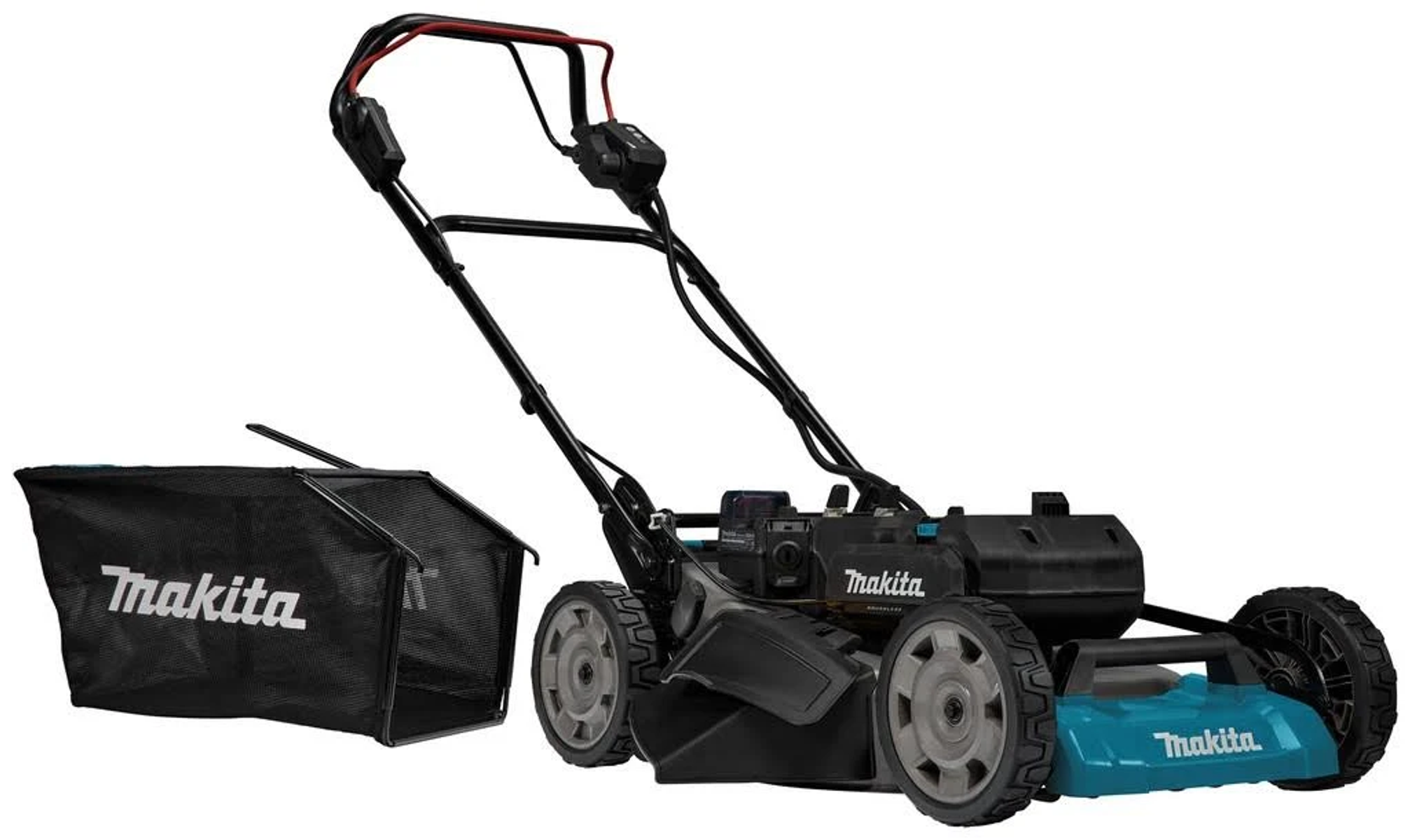 Una cortadora de césped Makita con una bolsa de recolección negra.