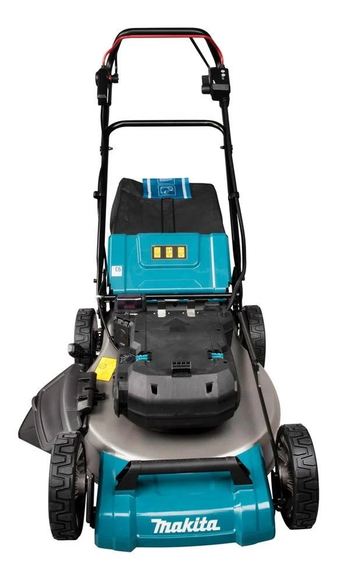 Cortacésped Makita. Es de color verde azulado y negro.