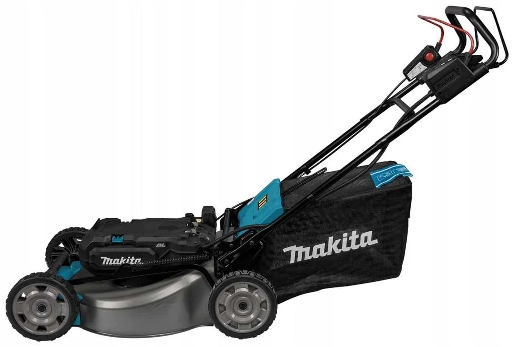 Un cortacésped Makita negro y turquesa con recogedor de césped y asa, sobre un fondo blanco.
