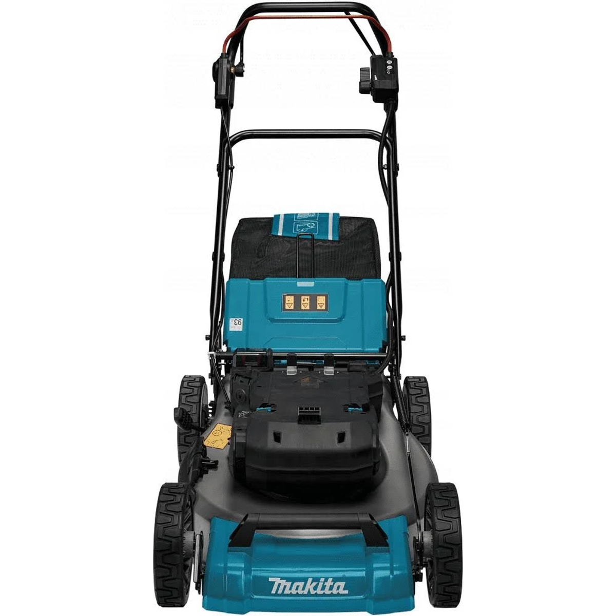 Cortacésped Makita, azul verdoso y negro. Se ven el mango, las ruedas y una bolsa negra.
