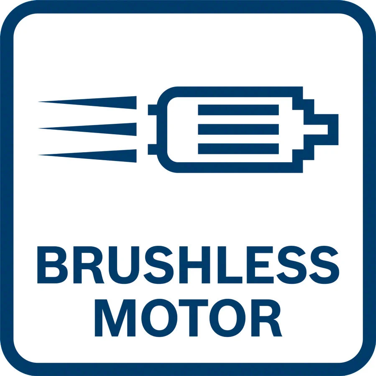 Ein quadratisches blau-weißes Schild mit den Worten 'BRUSHLESS MOTOR' und einem Motorsymbol.