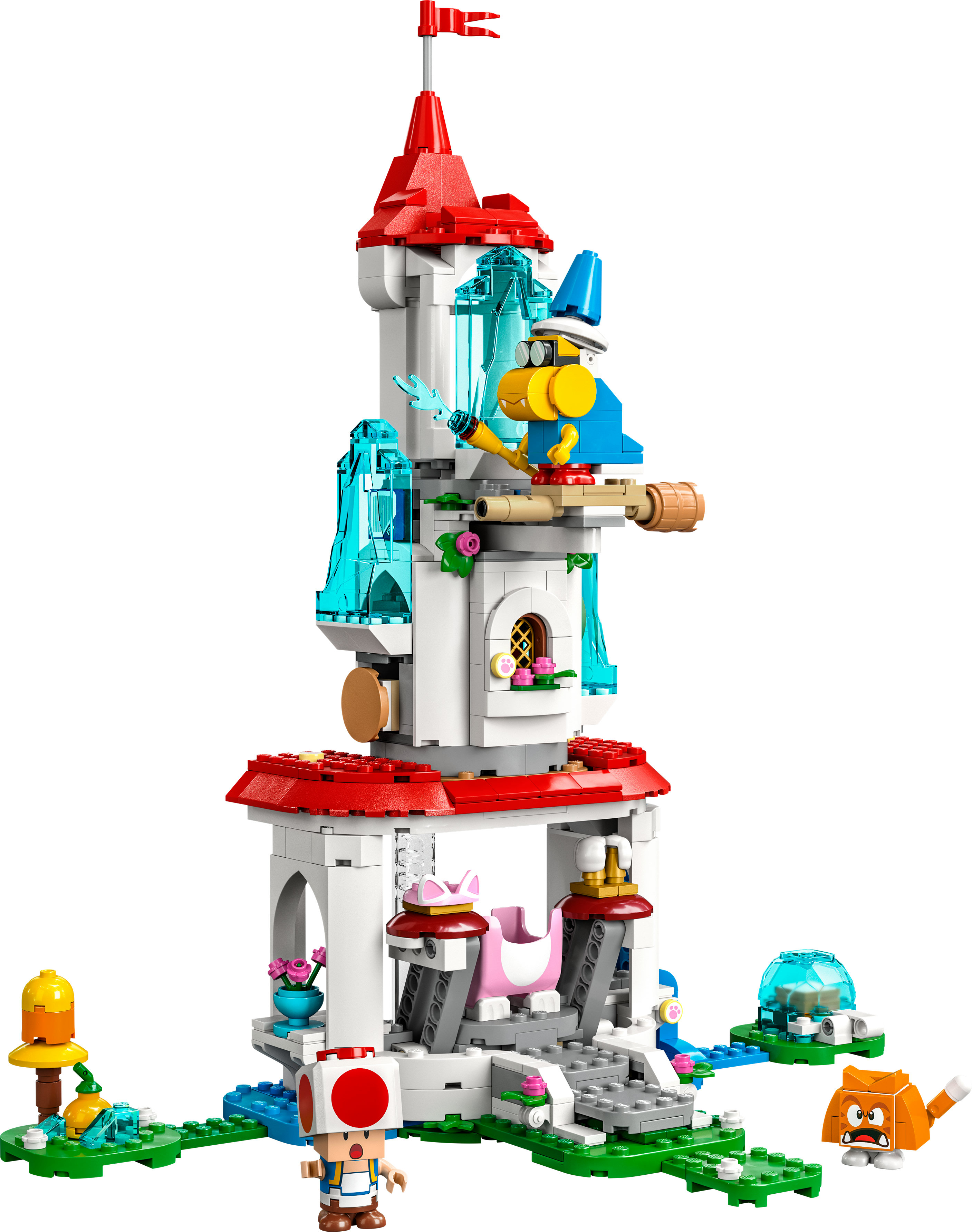 Castello Lego Super Mario. Torre bianca con tetto rosso, personaggi di Toad e un Goomba. Elementi blu, verdi e rosa.