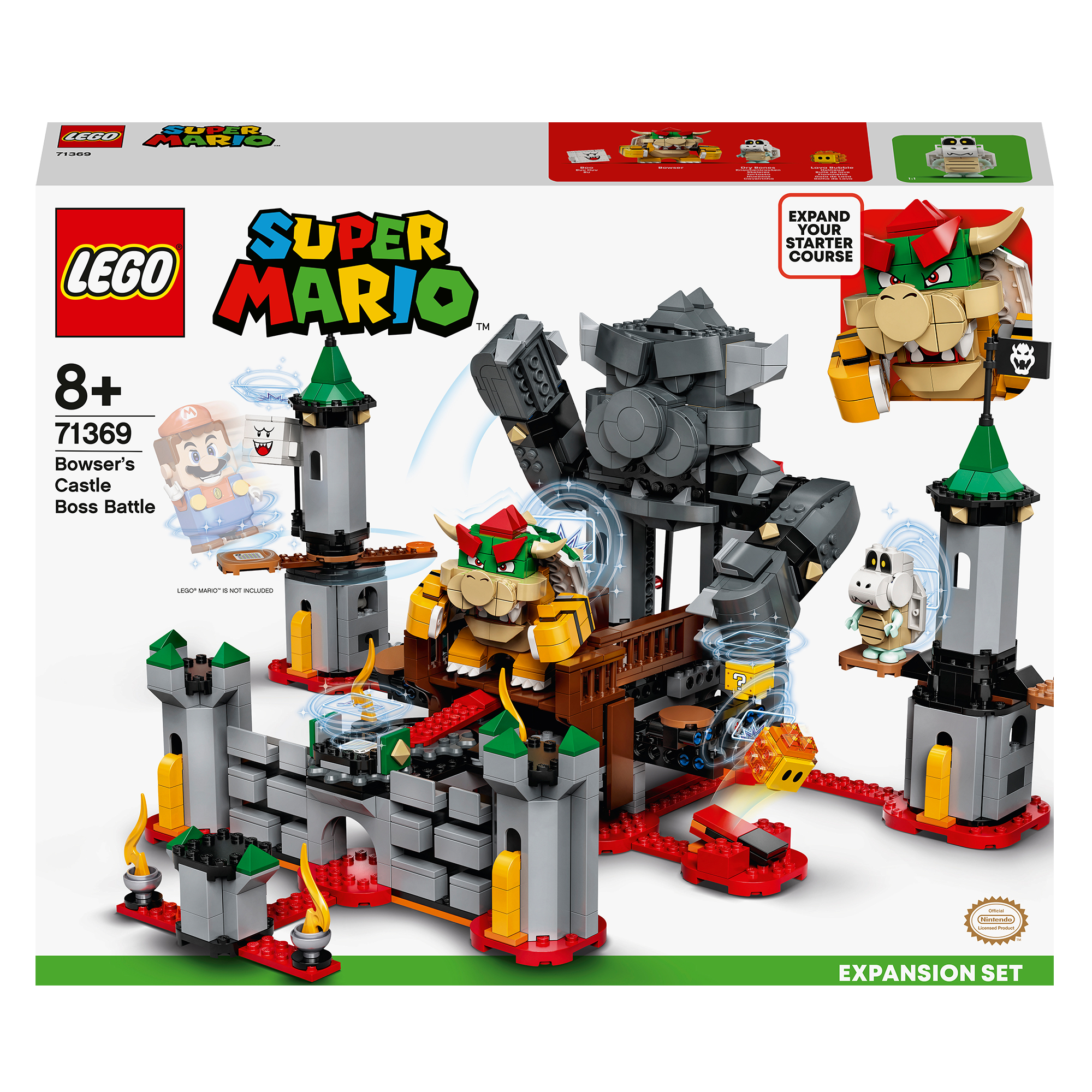 Zestaw Lego Super Mario Bowser's Castle Boss Battle z figurkami i zamkiem.