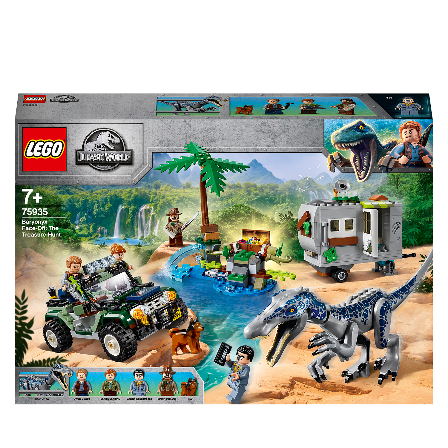 Set LEGO Jurassic World con jeep, dinosauro e minifigure in una scena nella giungla.