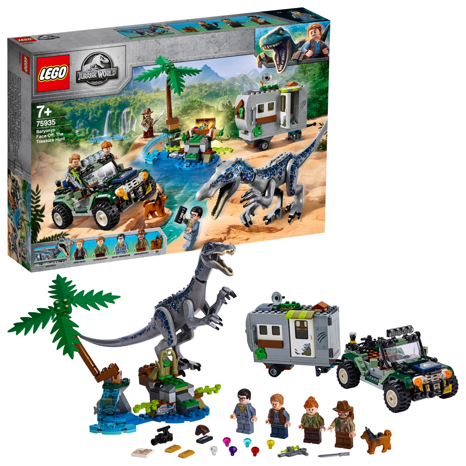 Set LEGO raffigurante una scena di dinosauri con camion, rimorchio e personaggi.