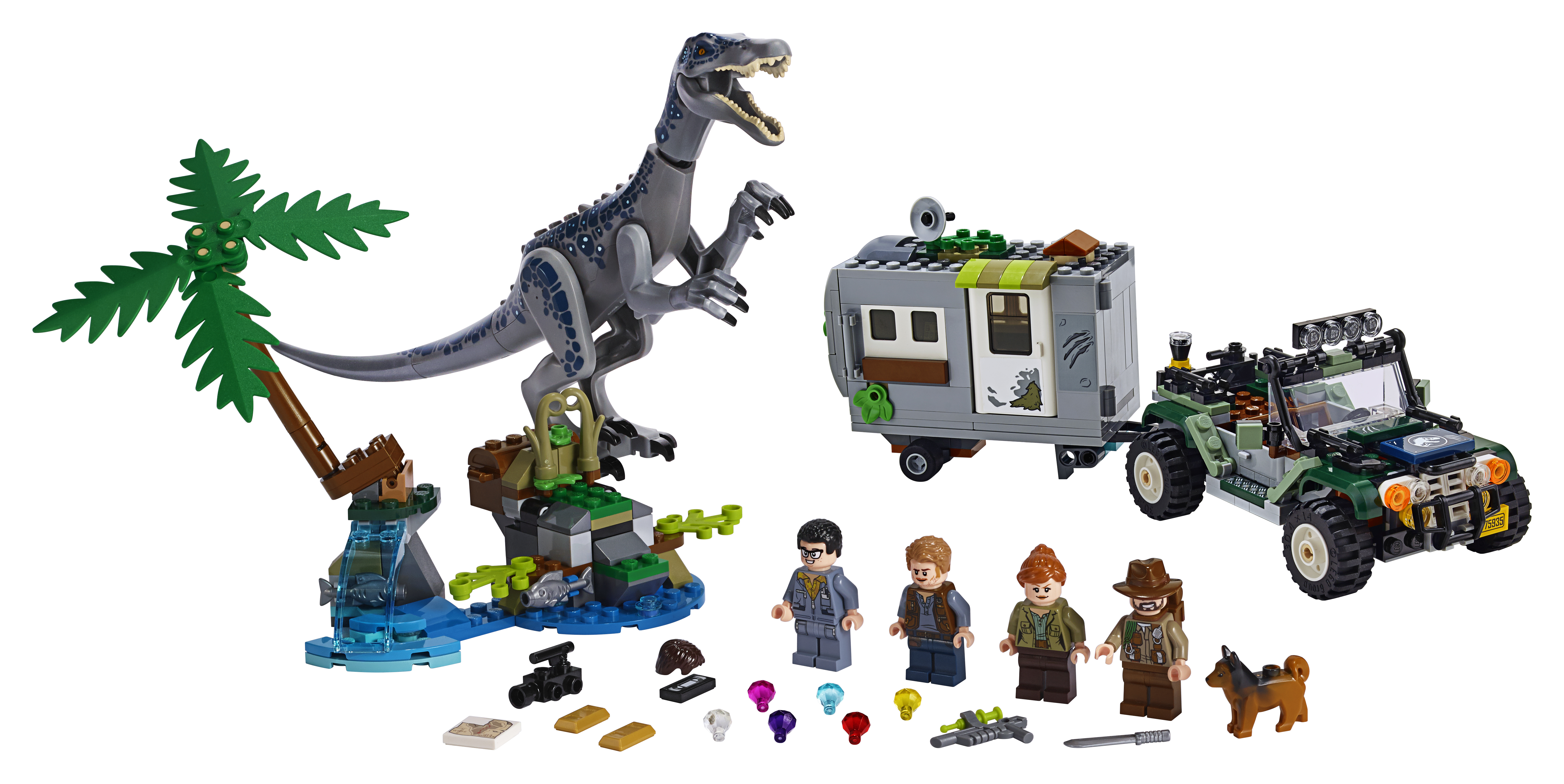 Set Lego Jurassic World con dinosauro, jeep, rimorchio, personaggi e accessori su bianco.