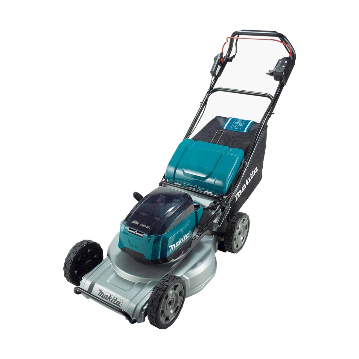 Cortacésped inalámbrico Makita. Plata y turquesa. El cortacésped tiene una batería negra y una bolsa para recortes.