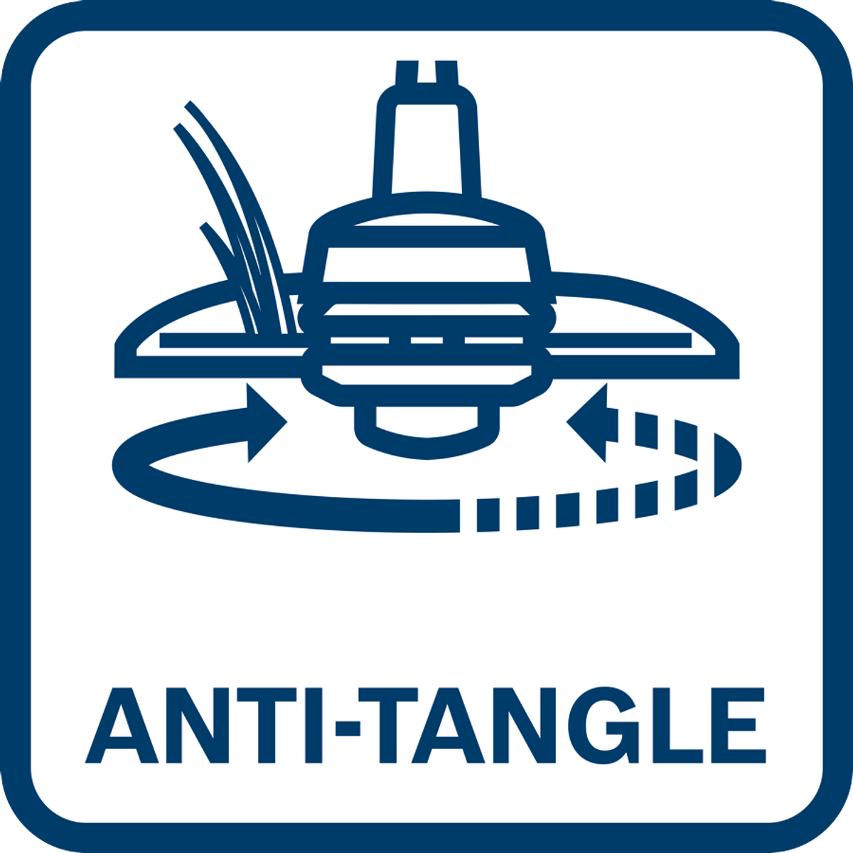 Blaues Anti-Tangle-Symbol. Pfeile zeigen die Drehung an. Text: ANTI-TANGLE.