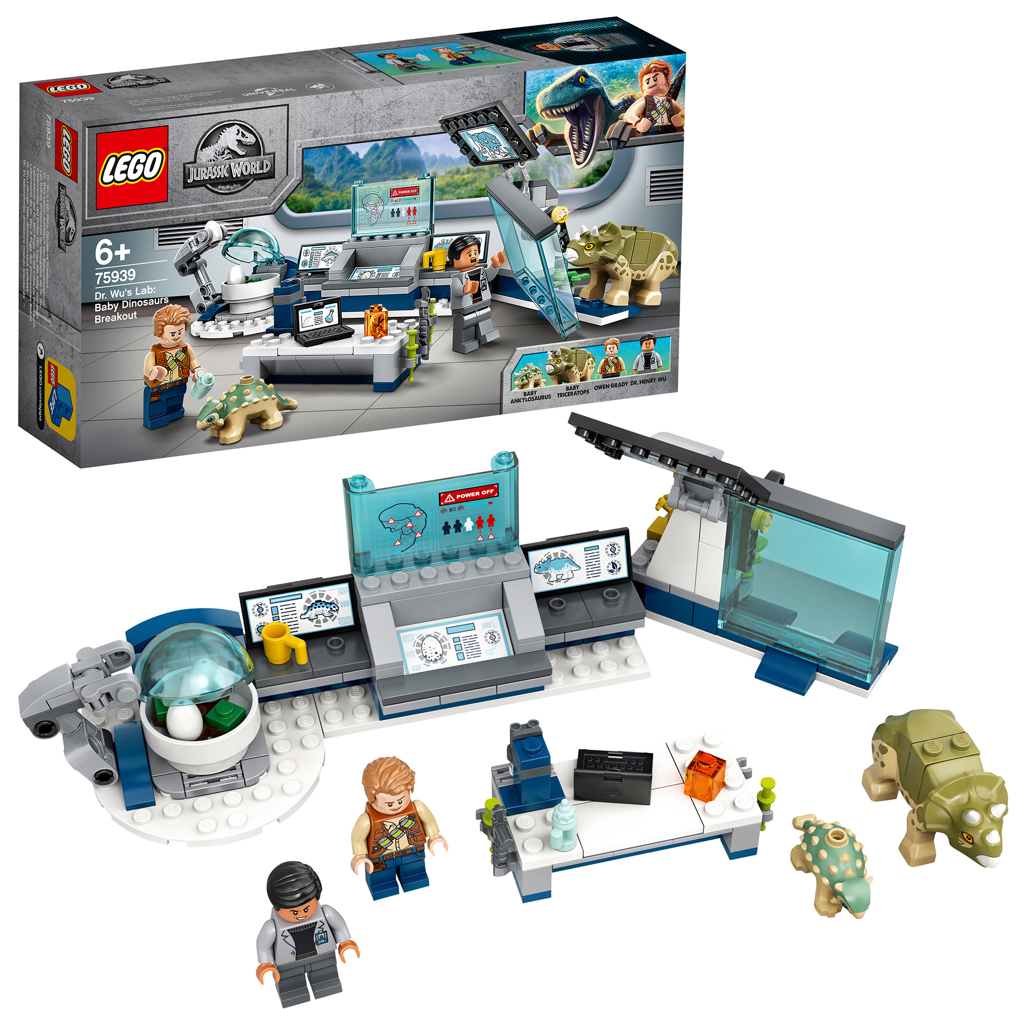 Lego set of a dinosaur lab with figures and dinosaurs. White background.