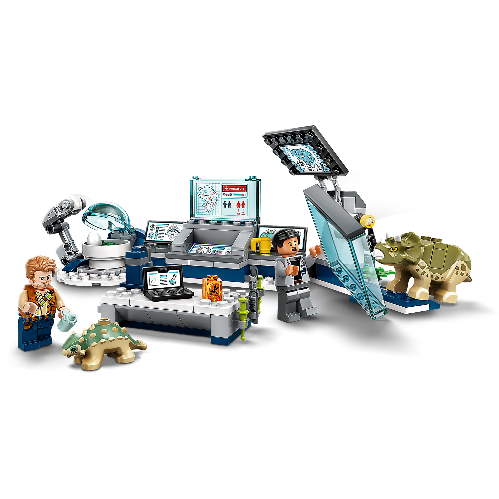 Lego Jurassic World set with lab, figures, dinosaurs, and a control unit.