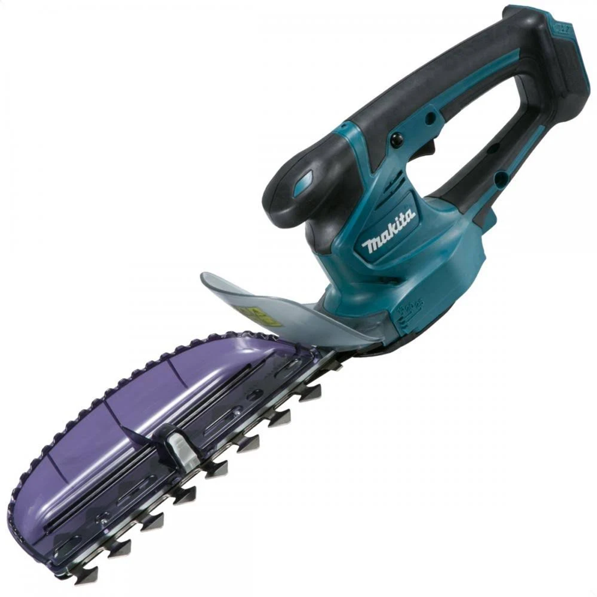 Cortasetos Makita. Herramienta turquesa y negra con cubierta protectora transparente sobre la hoja.