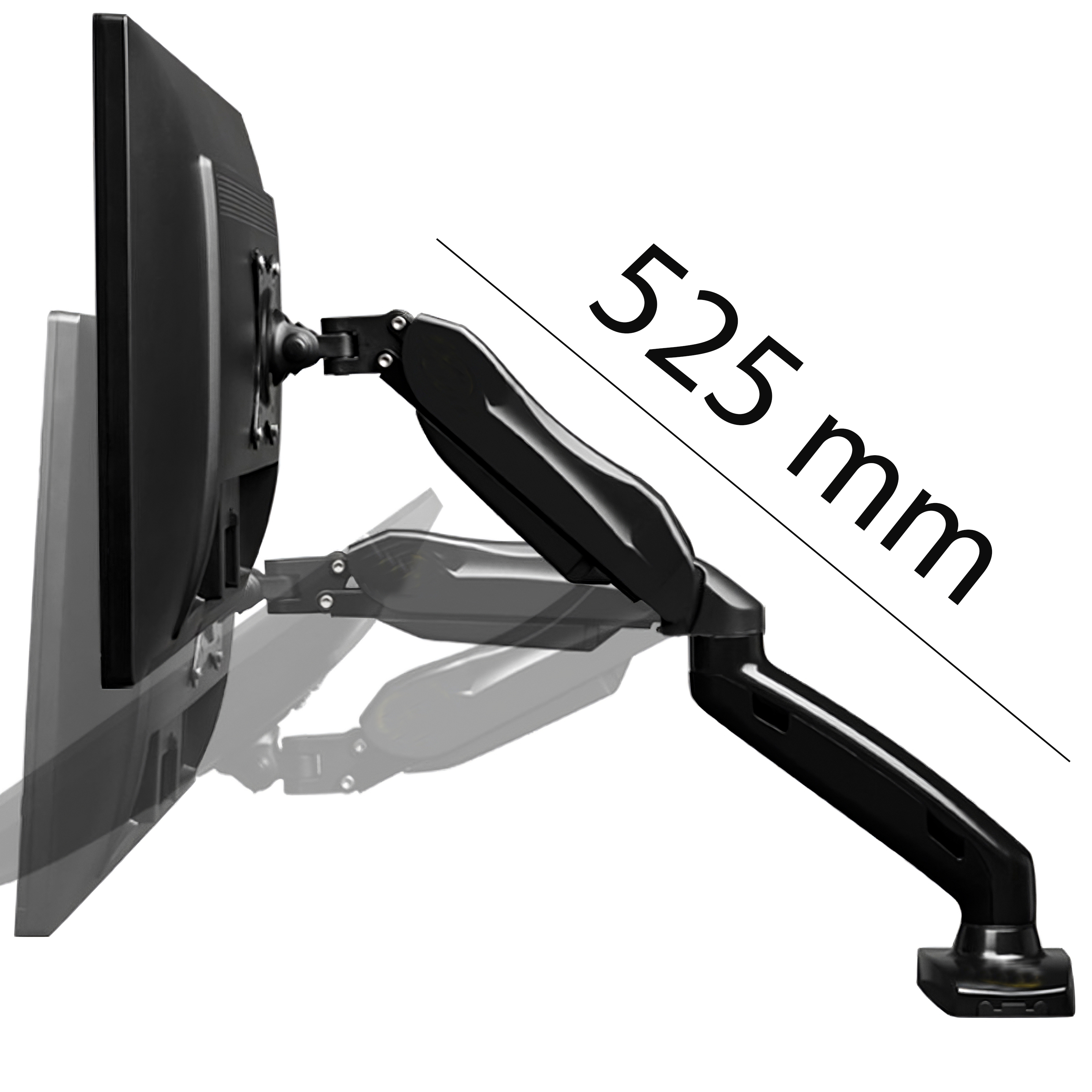 Schwarzer und grauer Monitorarm mit Monitor, abgewinkelt mit 525 mm Längenmessung.