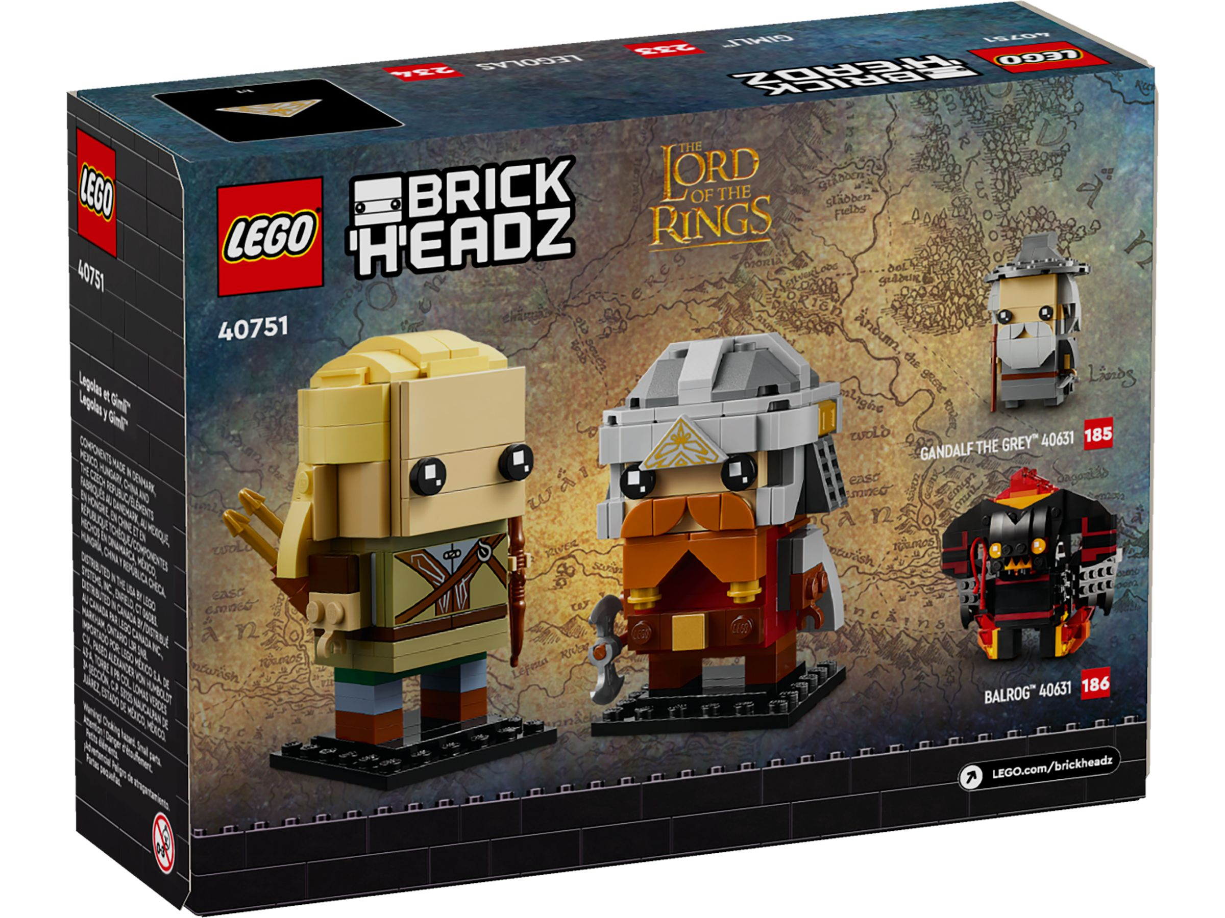Retro di una scatola Lego BrickHeadz con personaggi del Signore degli Anelli: Balrog, Gandalf e un Orco.