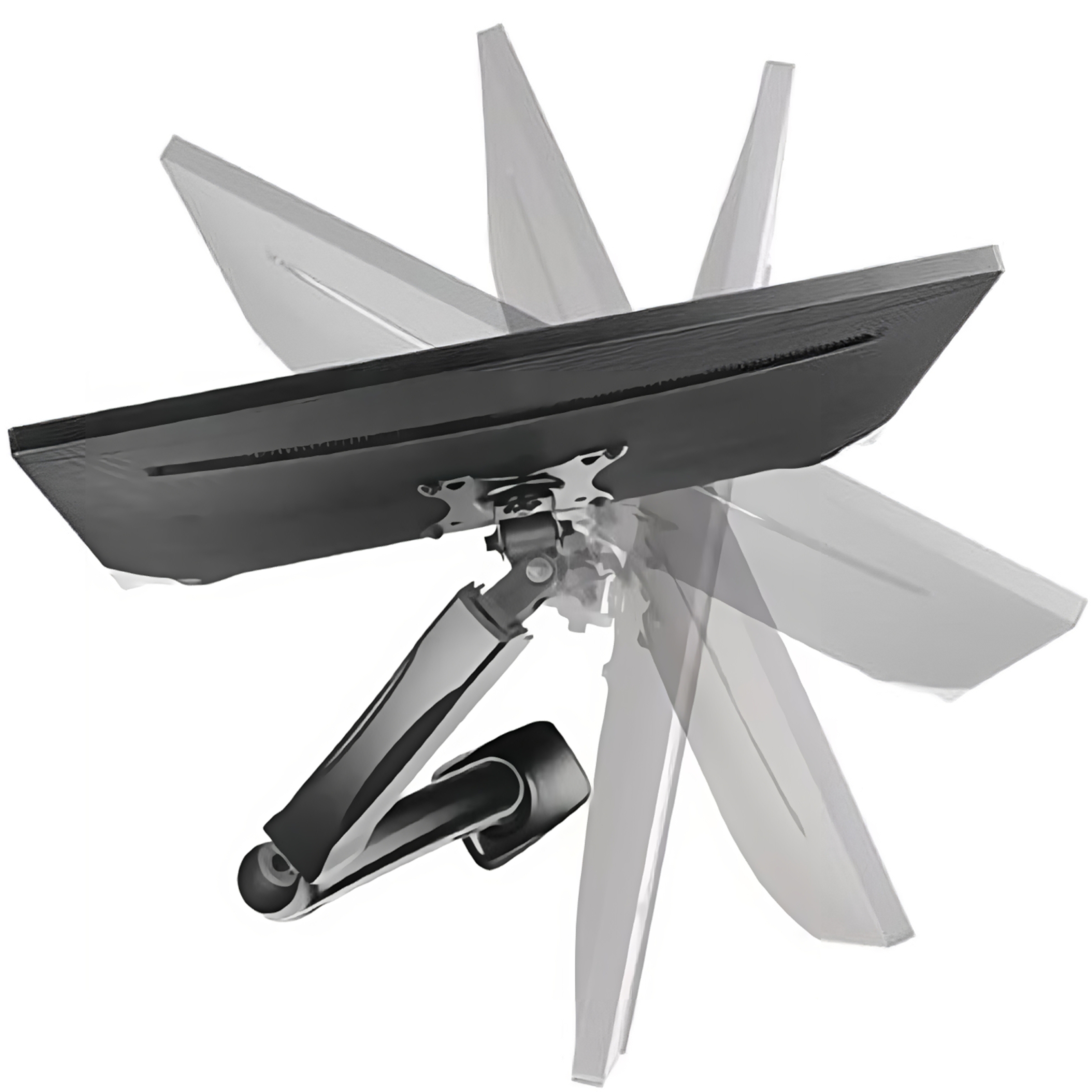 Monitorarm, schwarz und silber. Der Monitor wird in mehreren Positionen um den Arm herum gezeigt.