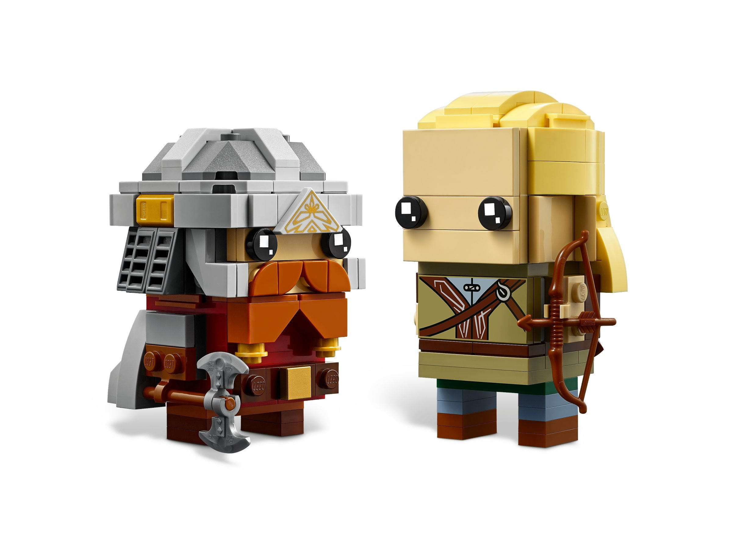 Personaggi Lego BrickHeadz di un nano e un elfo, entrambi con caratteristiche squadrate e accessori unici.