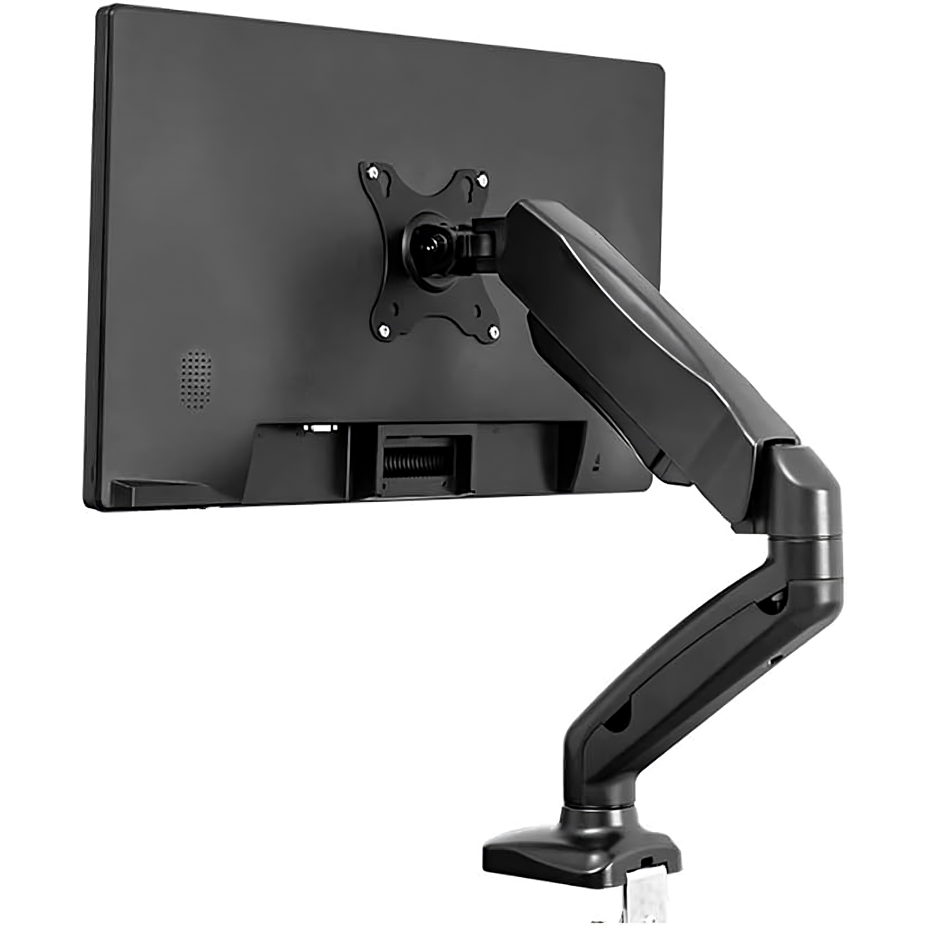 Rückseite eines schwarzen Monitors mit Halterung und Arm, weißer Hintergrund.