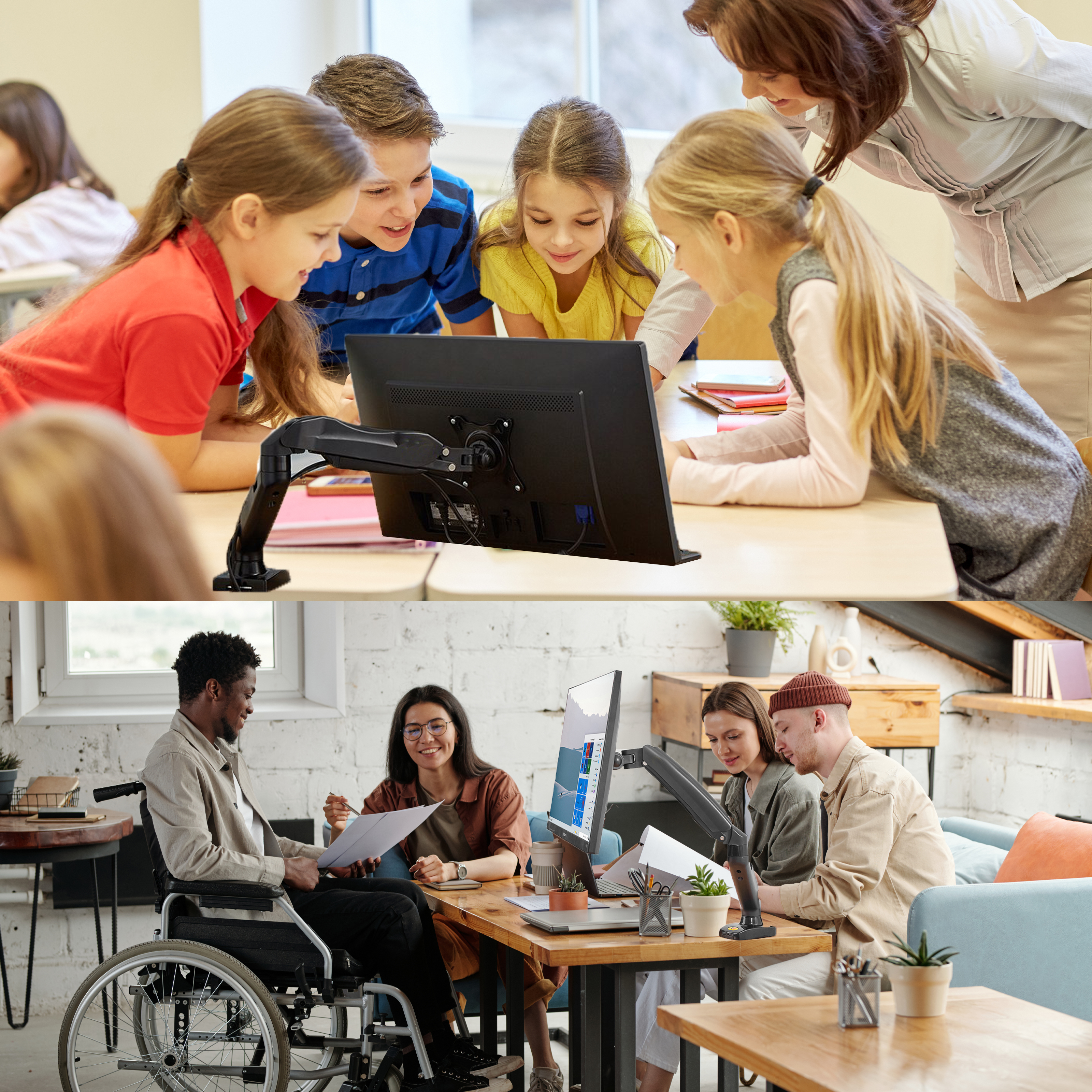 Kinder und Erwachsene versammeln sich um einen Computerbildschirm in Klassenzimmer- und Büroumgebungen.