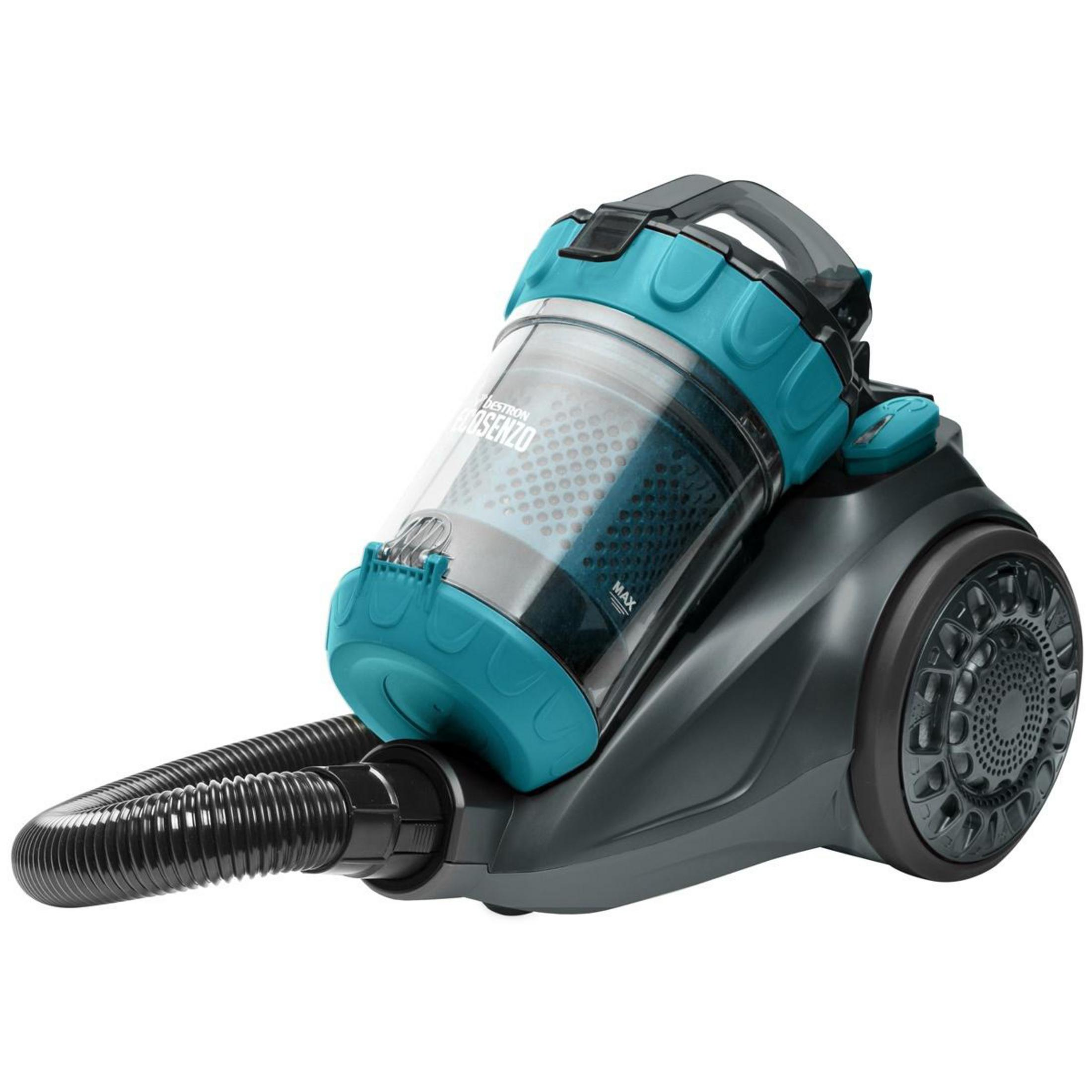 Ein türkis-grauer Staubsauger mit schwarzem Schlauch auf weißem Hintergrund, der sein Design hervorhebt.