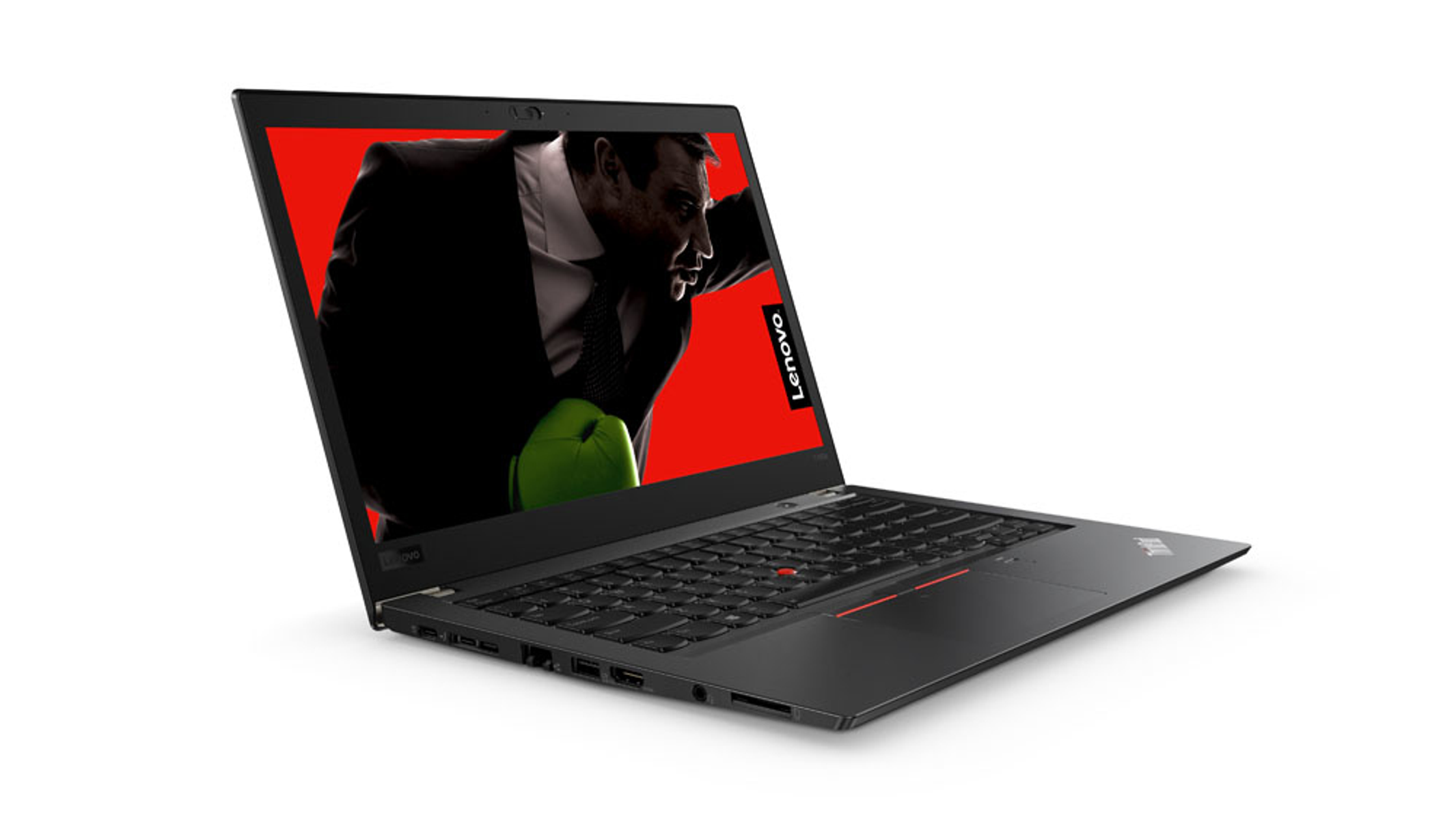 Portátil Lenovo negro abierto, boxeador sobre fondo rojo. Teclado visible. Fondo blanco.