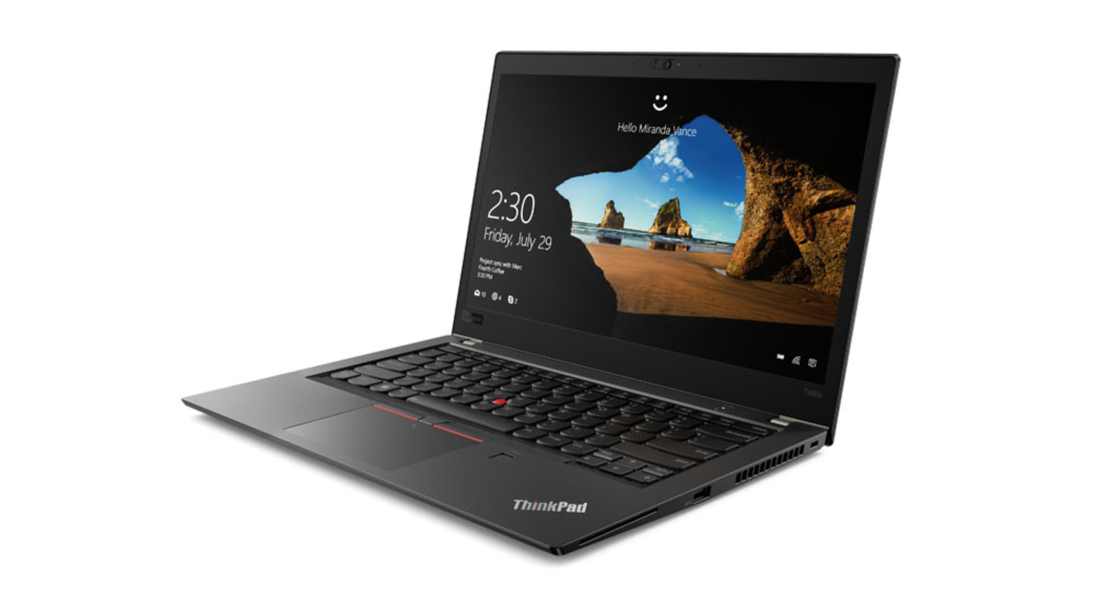 Un portátil ThinkPad negro con una pantalla que muestra un escritorio con hora y fecha.