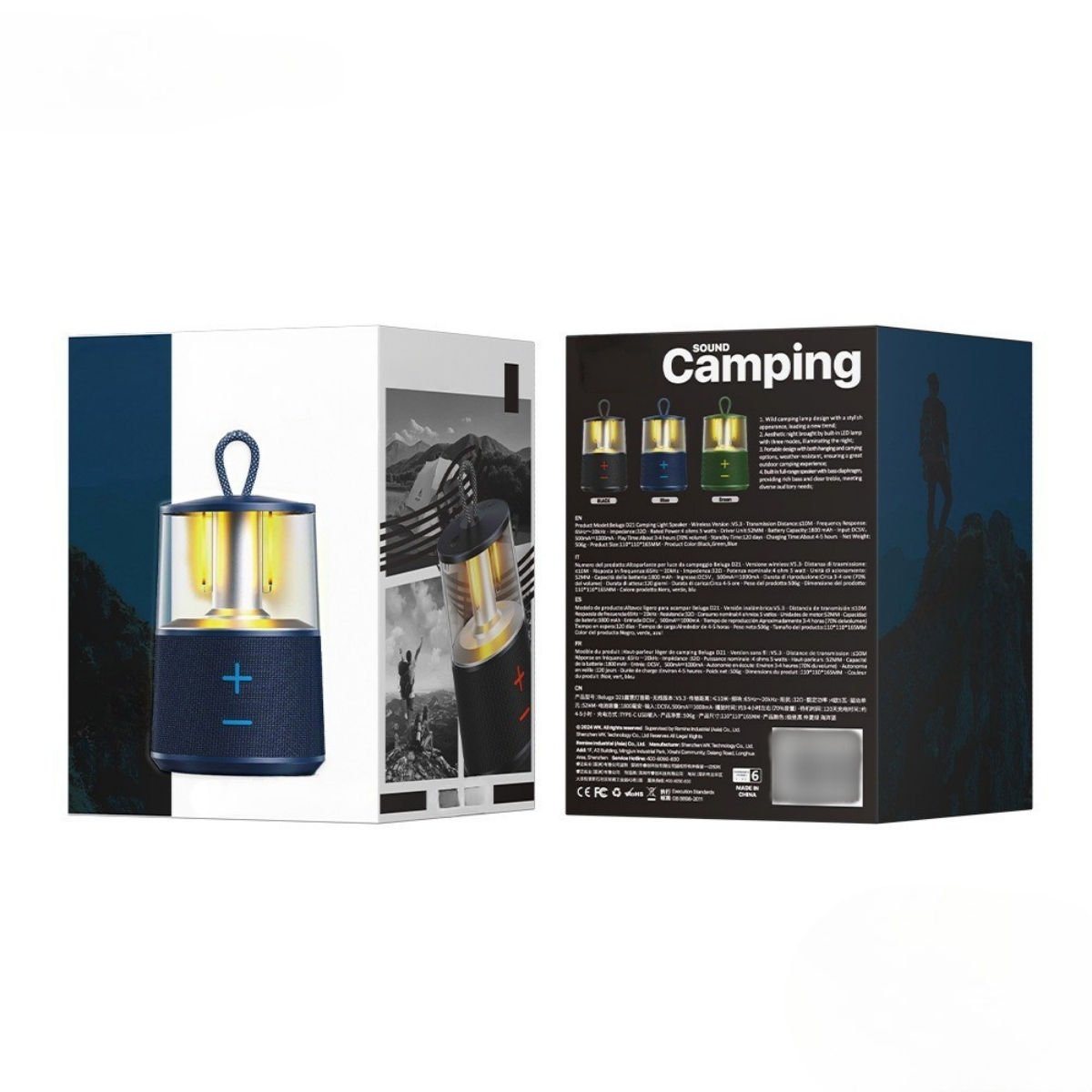 Eine blaue und schwarze Camping-Lautsprecherbox mit einer Taschenlampe und weißem Hintergrund.