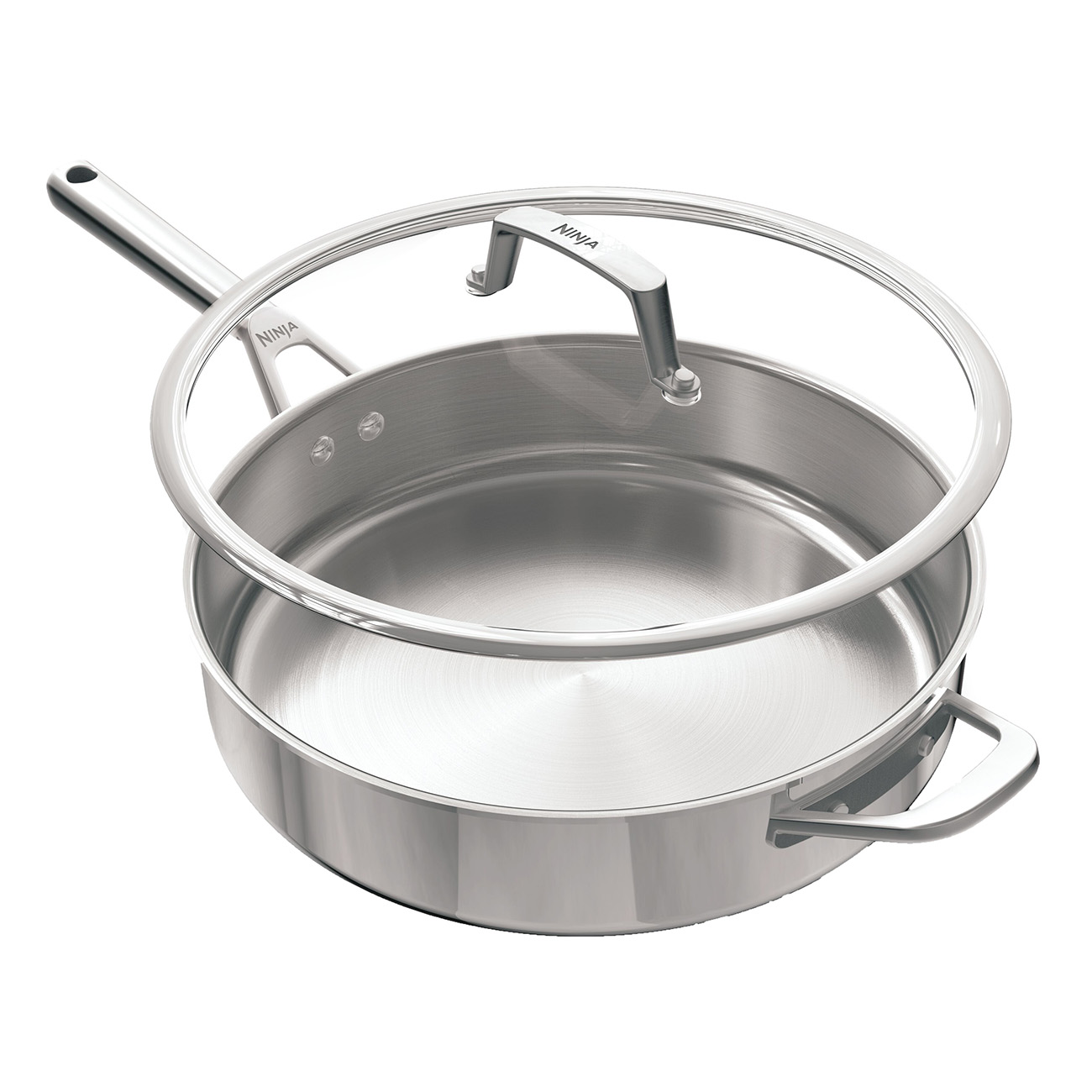 Patelnia Ninja ze stali nierdzewnej ze szklaną pokrywką. Uchwyt i pokrywka mają logo Ninja.