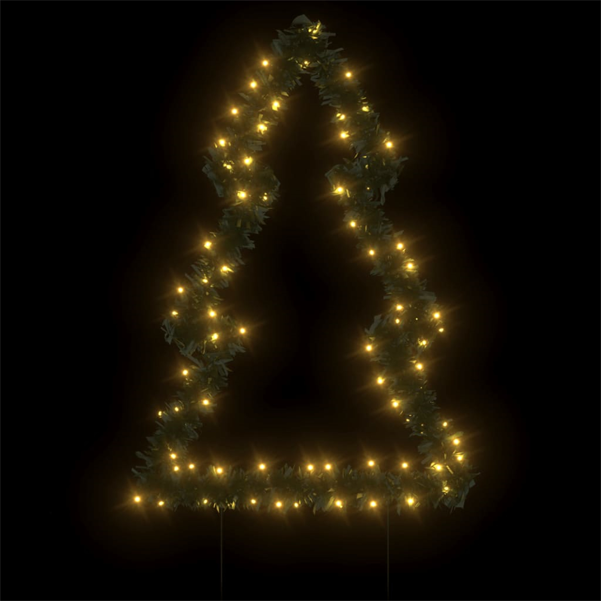 Eine weihnachtsbaumförmige Lichtanzeige. Die Lichter sind gelb und umreißen eine Baumform.
