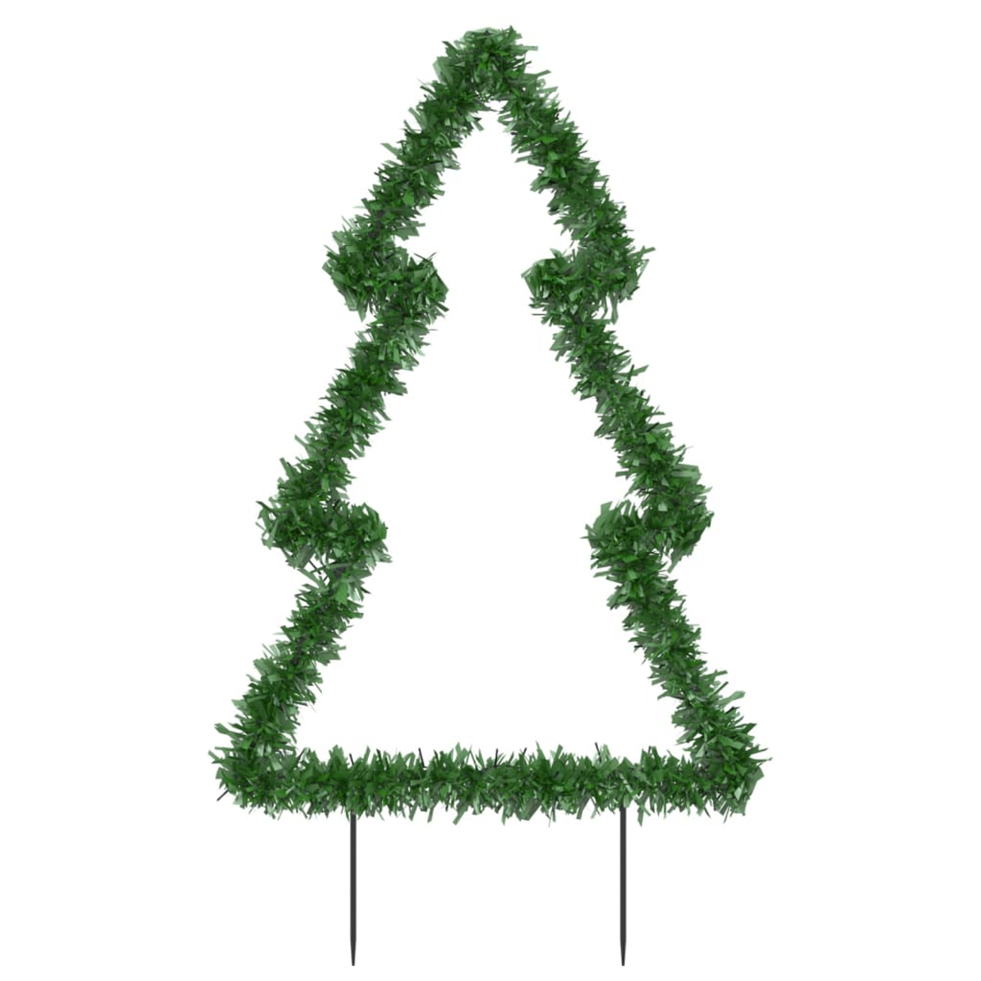 Grüne Weihnachtsbaumkontur aus grünem Lametta, mit zwei Pfählen unten zur Bodenbefestigung.