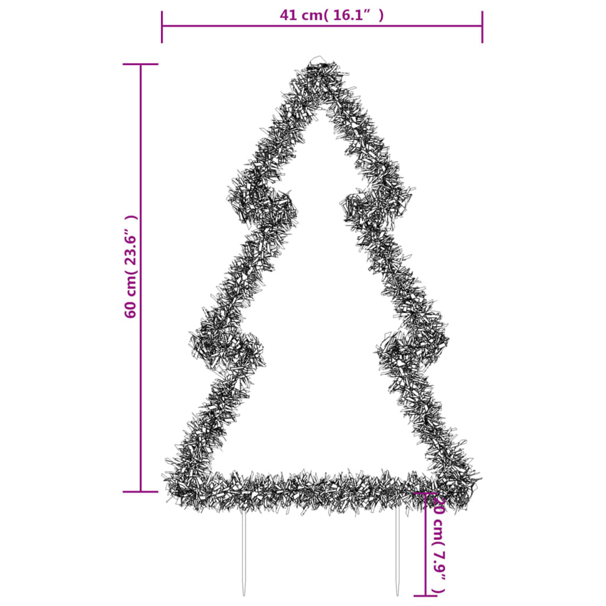 Silberner Lametta-Weihnachtsbaum-Ausschnitt mit Abmessungen und Messungen.