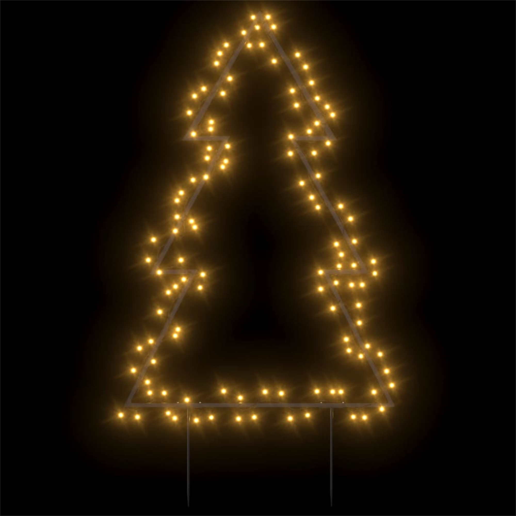 Umriss eines Weihnachtsbaums aus Lichtern, auf schwarzem Hintergrund.