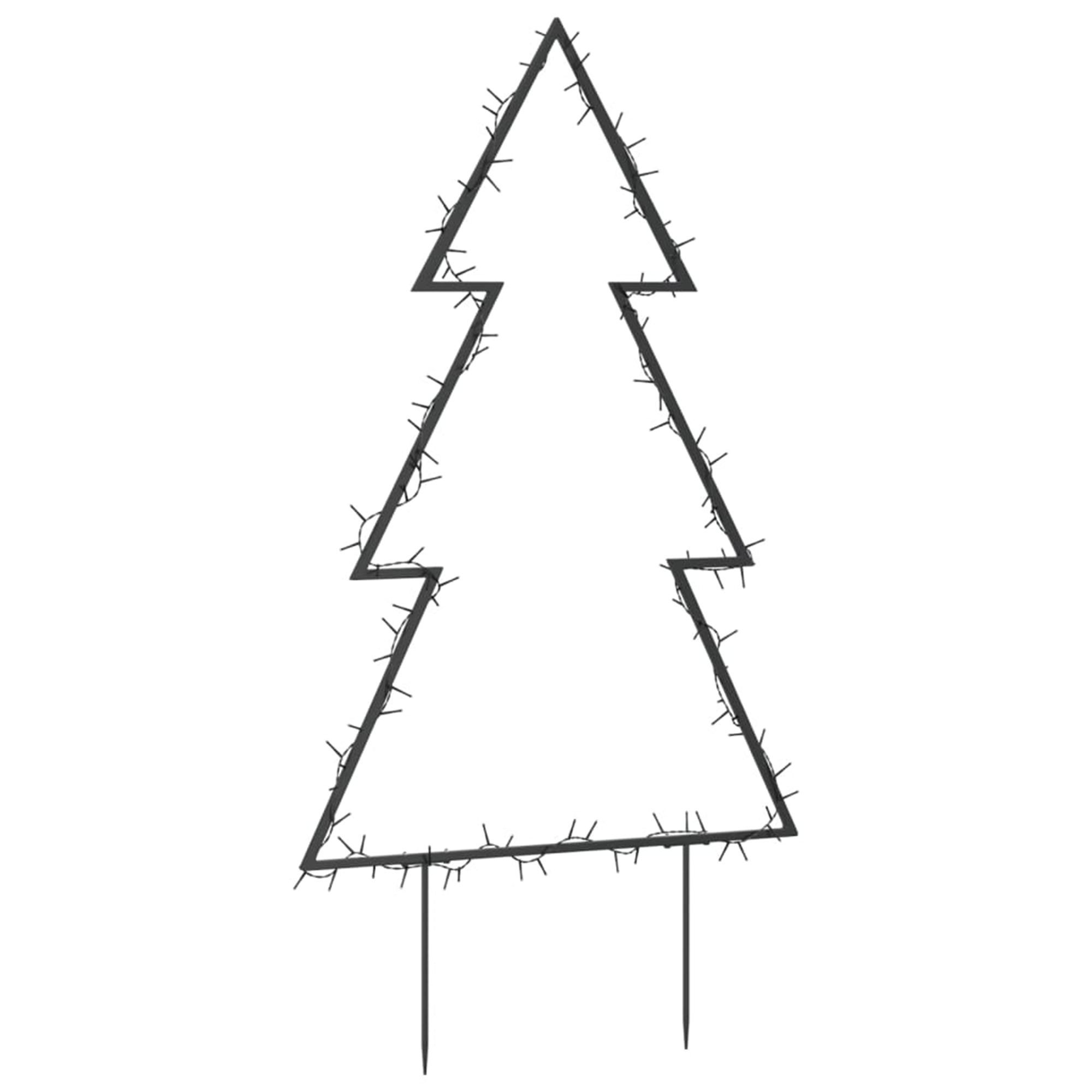 Eine schwarze Metall-Weihnachtsbaumkontur mit Lichtern und zwei Pfählen für den Boden. Weißer Hintergrund.