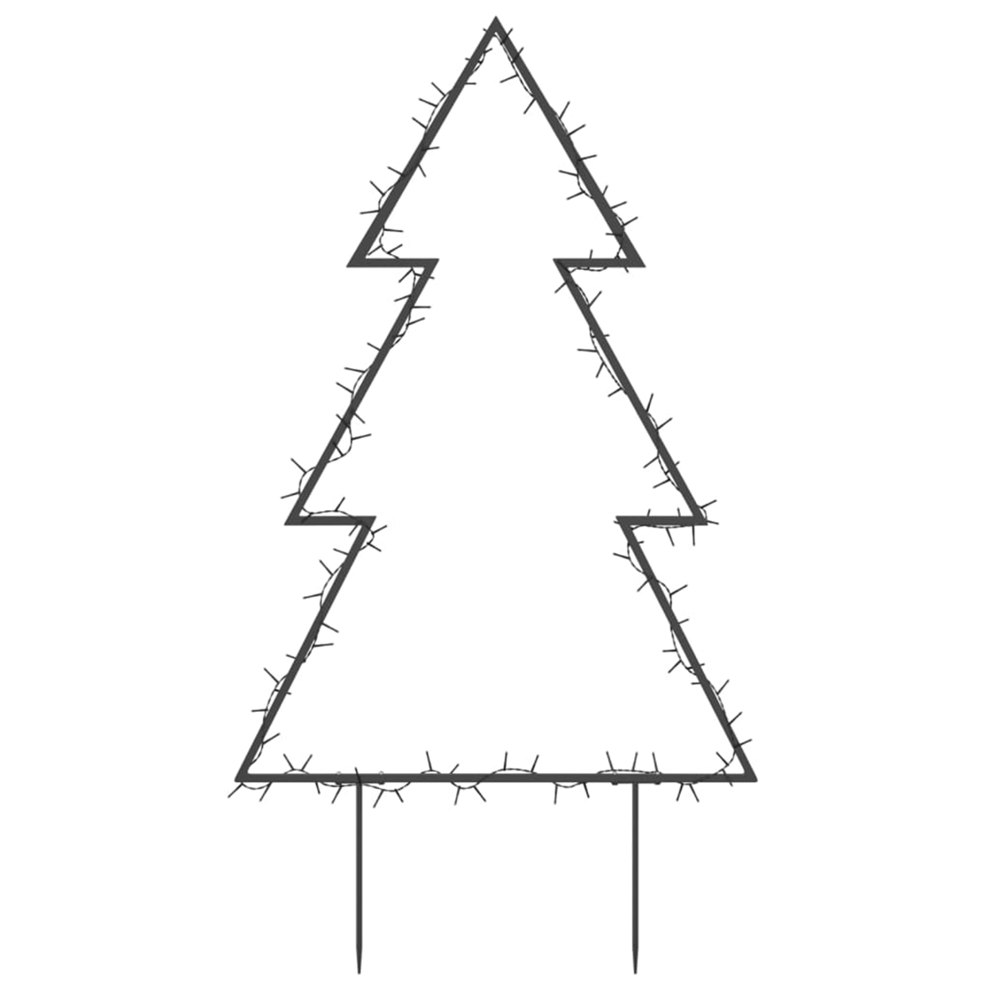 Silhouette eines Weihnachtsbaums aus Lichtern, auf weißem Hintergrund, mit zwei Pfählen.
