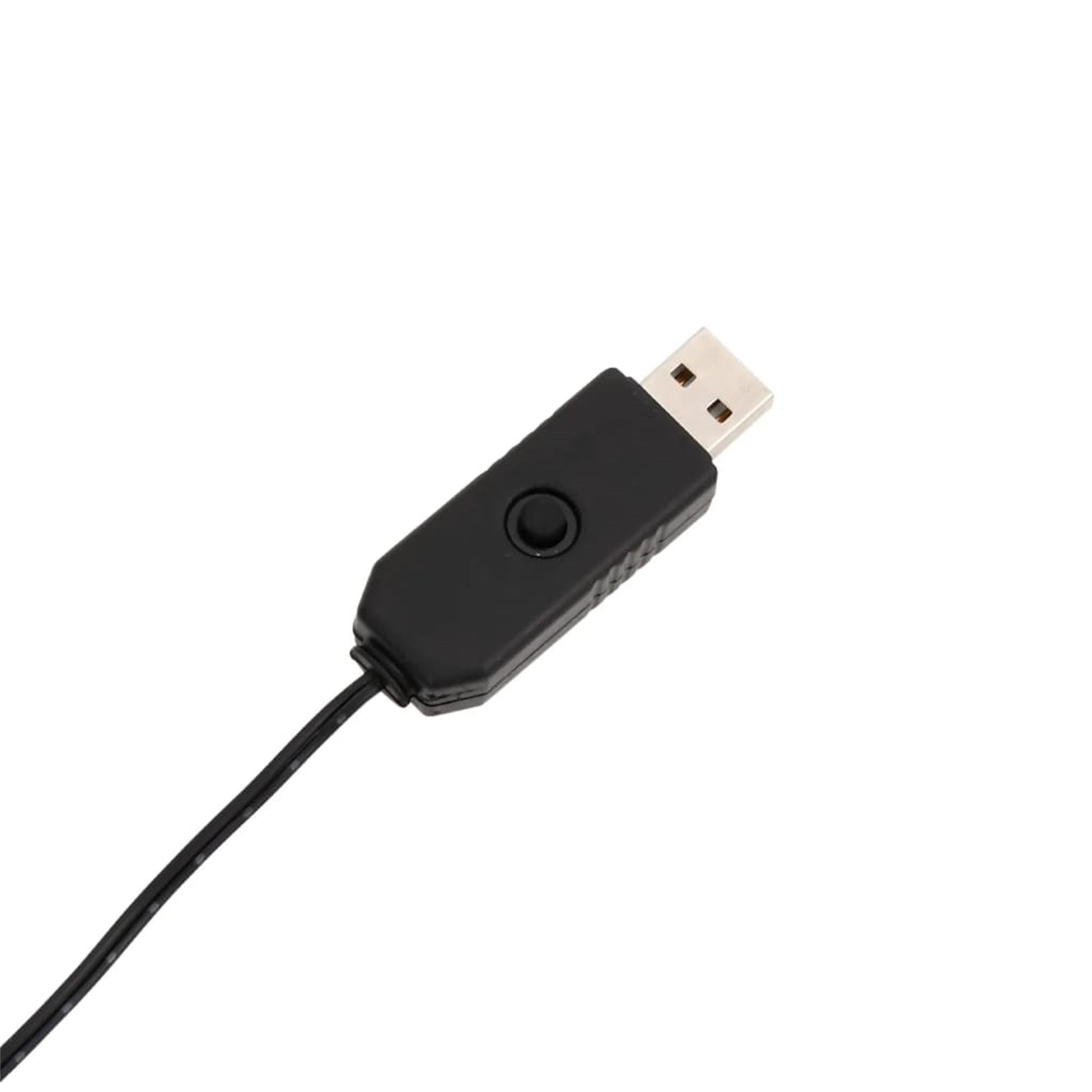 Schwarzes USB-Kabel mit rechteckiger Steuerbox und USB-Anschluss auf weißem Hintergrund.