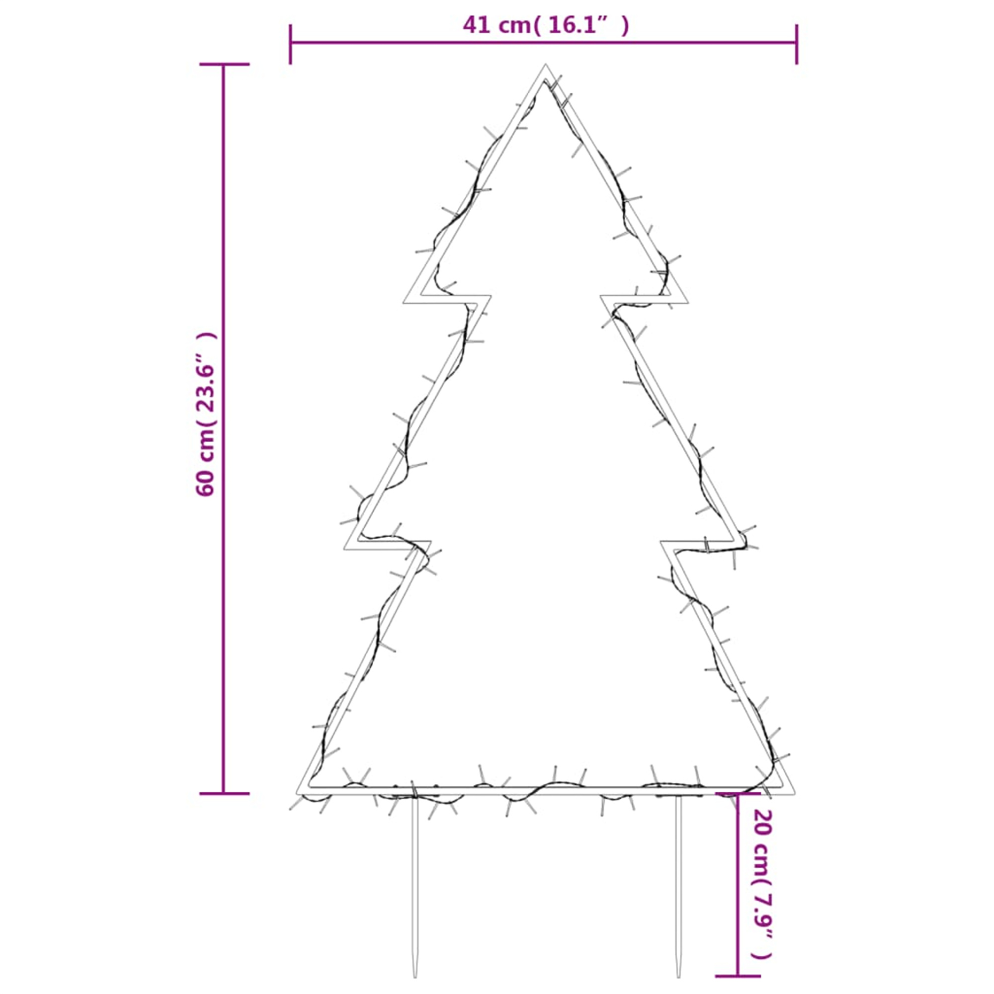 Eine Weihnachtsbaum-Umrisslinie mit Lichterketten und Abmessungen. Der Hintergrund ist weiß.