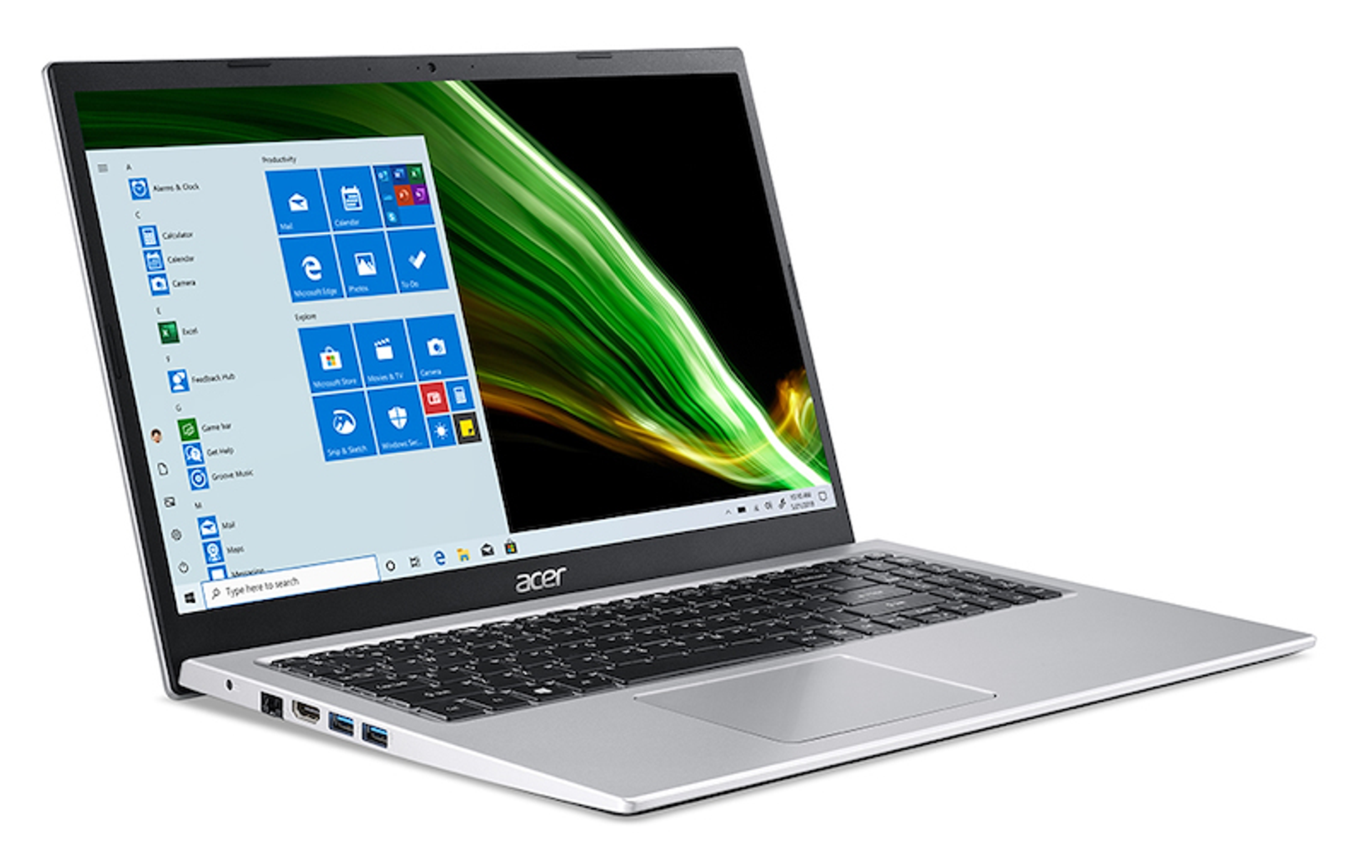 Srebrny laptop z wyświetlonym ekranem startowym Windows, na białym tle. Ekran jest otwarty.