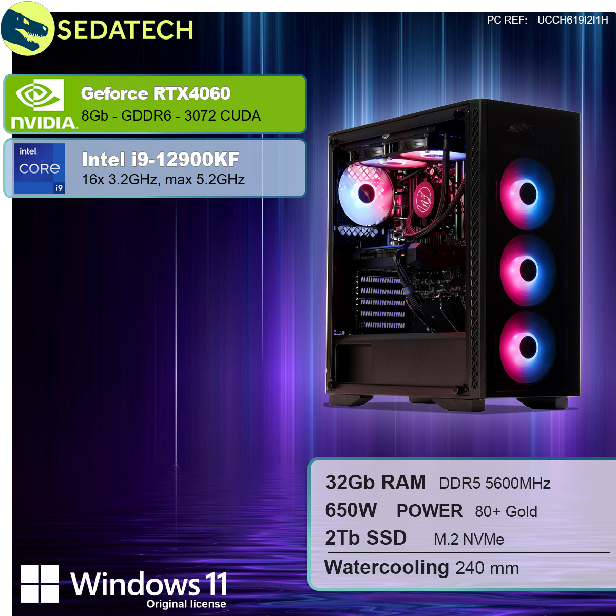 Komputer stacjonarny z kartą graficzną GeForce RTX 4060. Posiada czarną obudowę, kolorowe światła wewnętrzne i specyfikacje.
