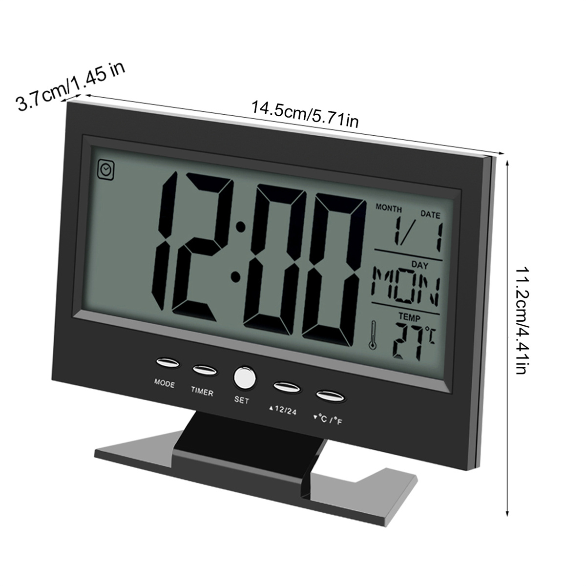 Digitale schwarze Uhr mit Anzeige von Uhrzeit, Datum und Temperatur mit Tasten für Modus und Einstellung.